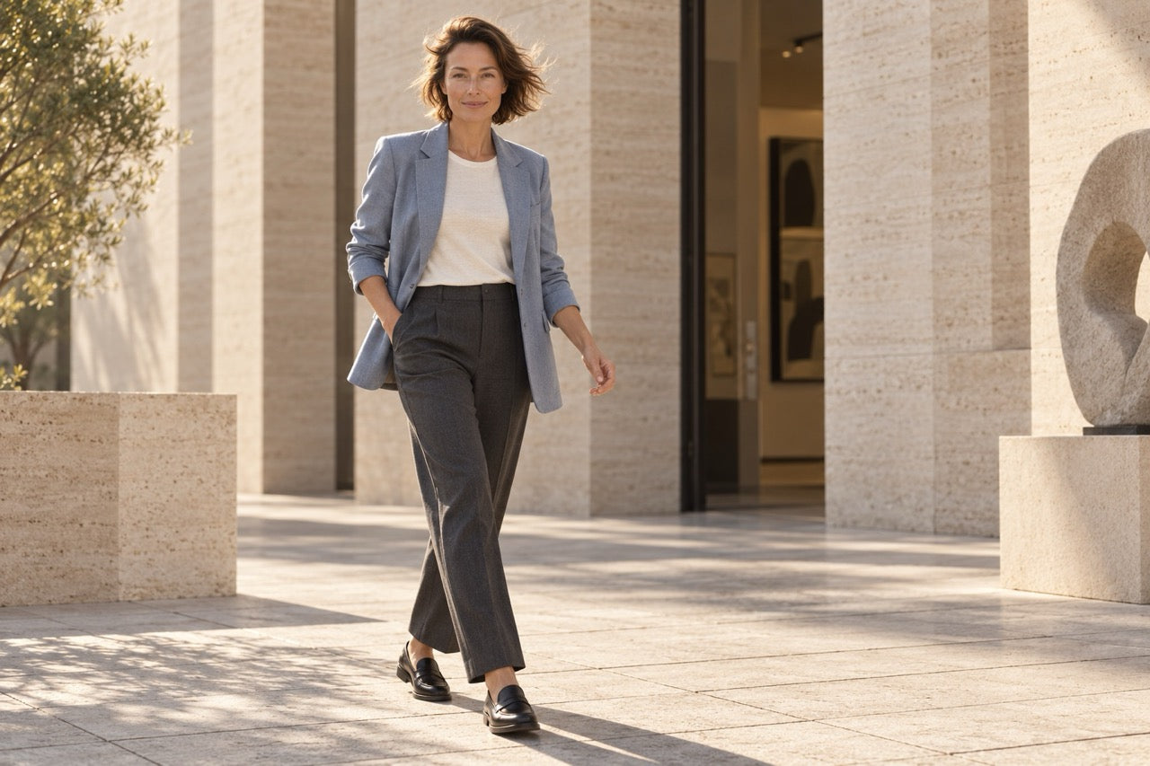 Woman wearing a dusty blue blazer, ivory top and charcoal trousers, walking through a sunlit courtyard outside an art gallery.