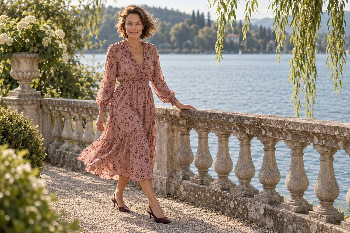 Woman wearing a dusty pink floral midi dress and burgundy heels on a lakeside terrace beside a stone balustrade.