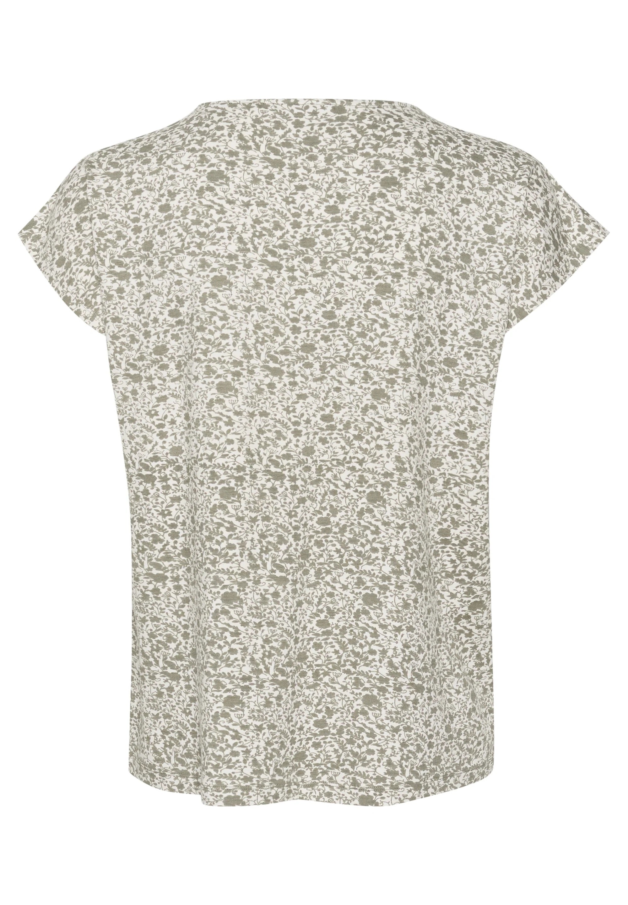 Kaffe Kamille Creme Salbeigrün Blumenmuster V-Ausschnitt T-Shirt – Kappenärmel Legerer Schnitt | Damen