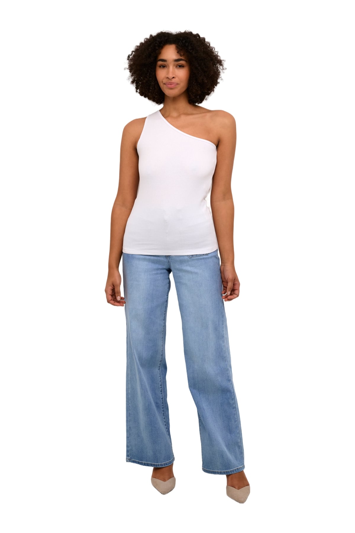 Kaffe Kapia White One Shoulder Geripptes Top – Figurbetont Ärmellos Asymmetrisch | Damen