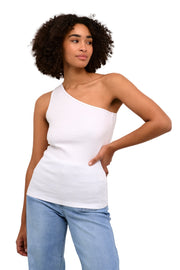 Kaffe Kapia White One Shoulder Geripptes Top – Figurbetont Ärmellos Asymmetrisch | Damen