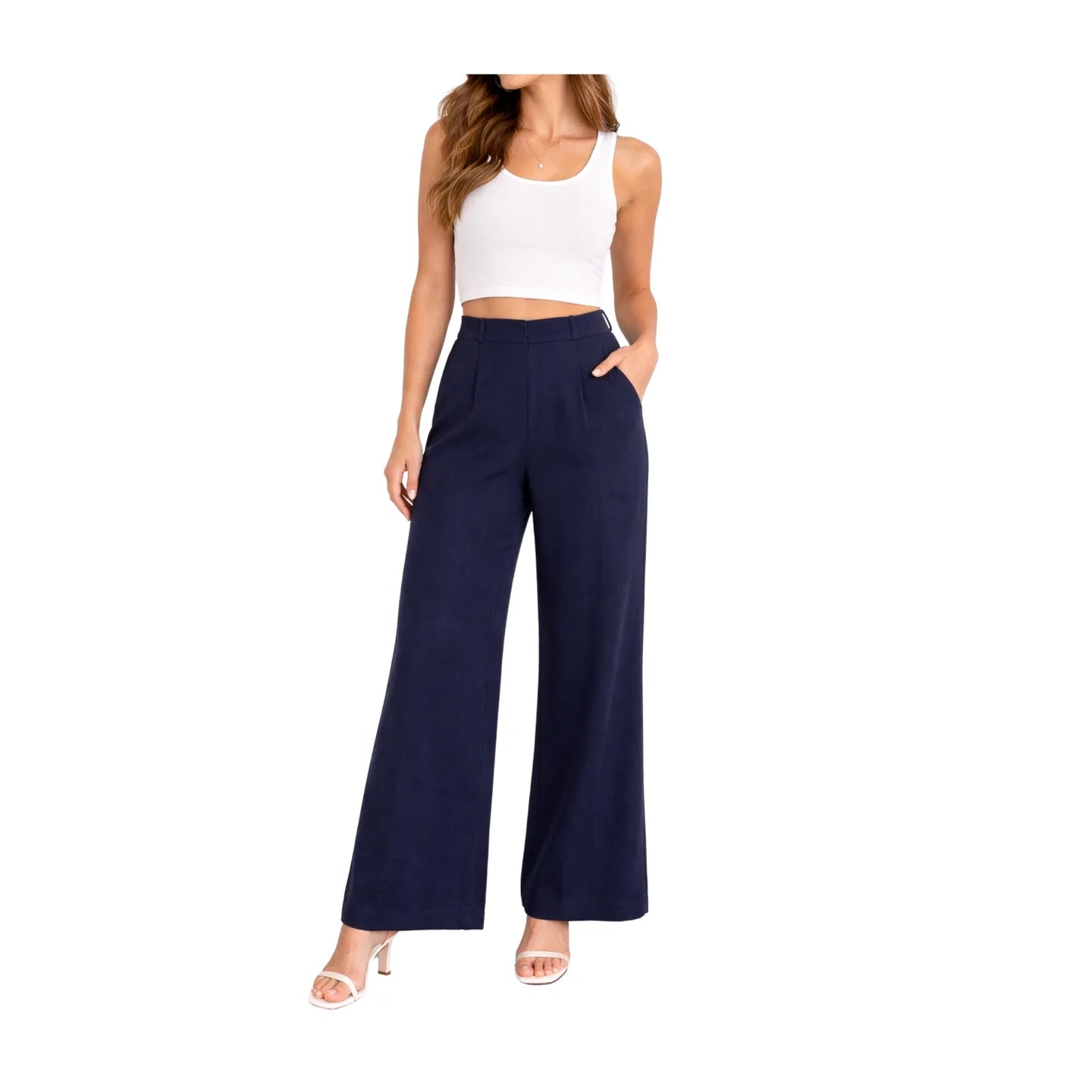 Zero Marineblaue Weite High-Waist Hose – Elastischer Bund | Damen