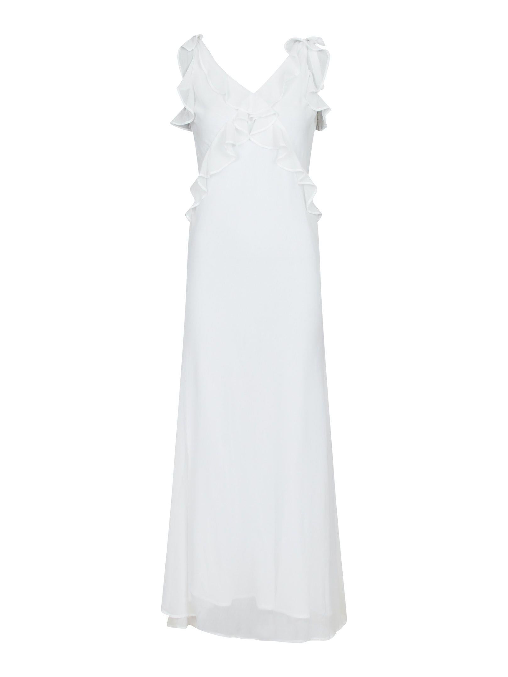 Neo Noir Dara Weißes Chiffon-Maxikleid mit V-Ausschnitt und Rüschen – Ärmellos | Damen