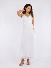 Neo Noir Dara Weißes Chiffon-Maxikleid mit V-Ausschnitt und Rüschen – Ärmellos