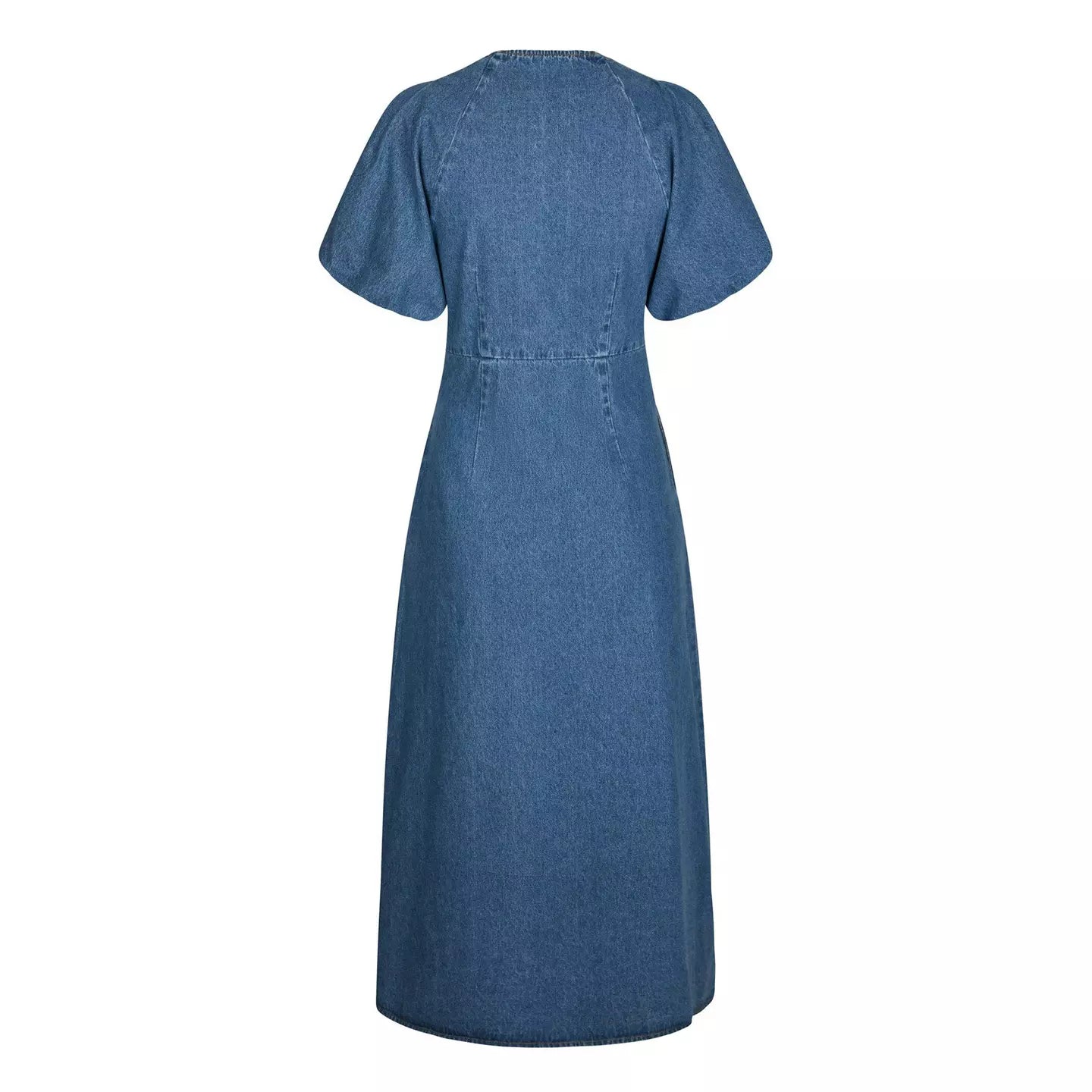 Neo Noir Illana Denim Midi-Kleid – Geraffter V-Ausschnitt Puffärmel A-Linie | Damen
