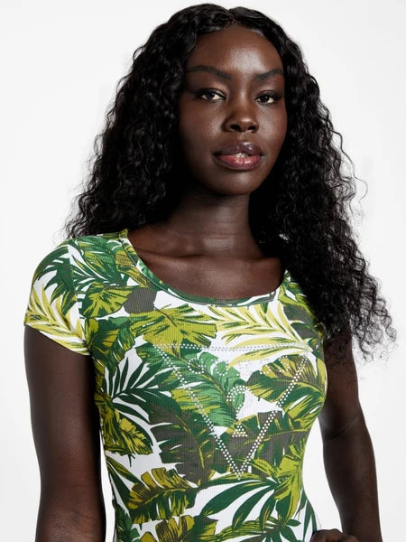 Guess Luciana Minikleid mit tropischem Print-Logo – Grün | Größe L