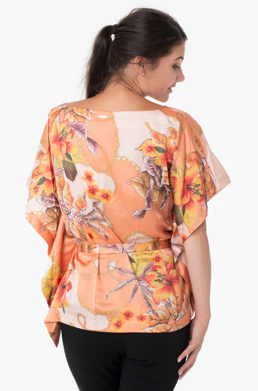 Marciano by Guess Diana Orangefarbene Kimono-Bluse mit Blumenmuster – seitlich gebundene Fledermausärmel