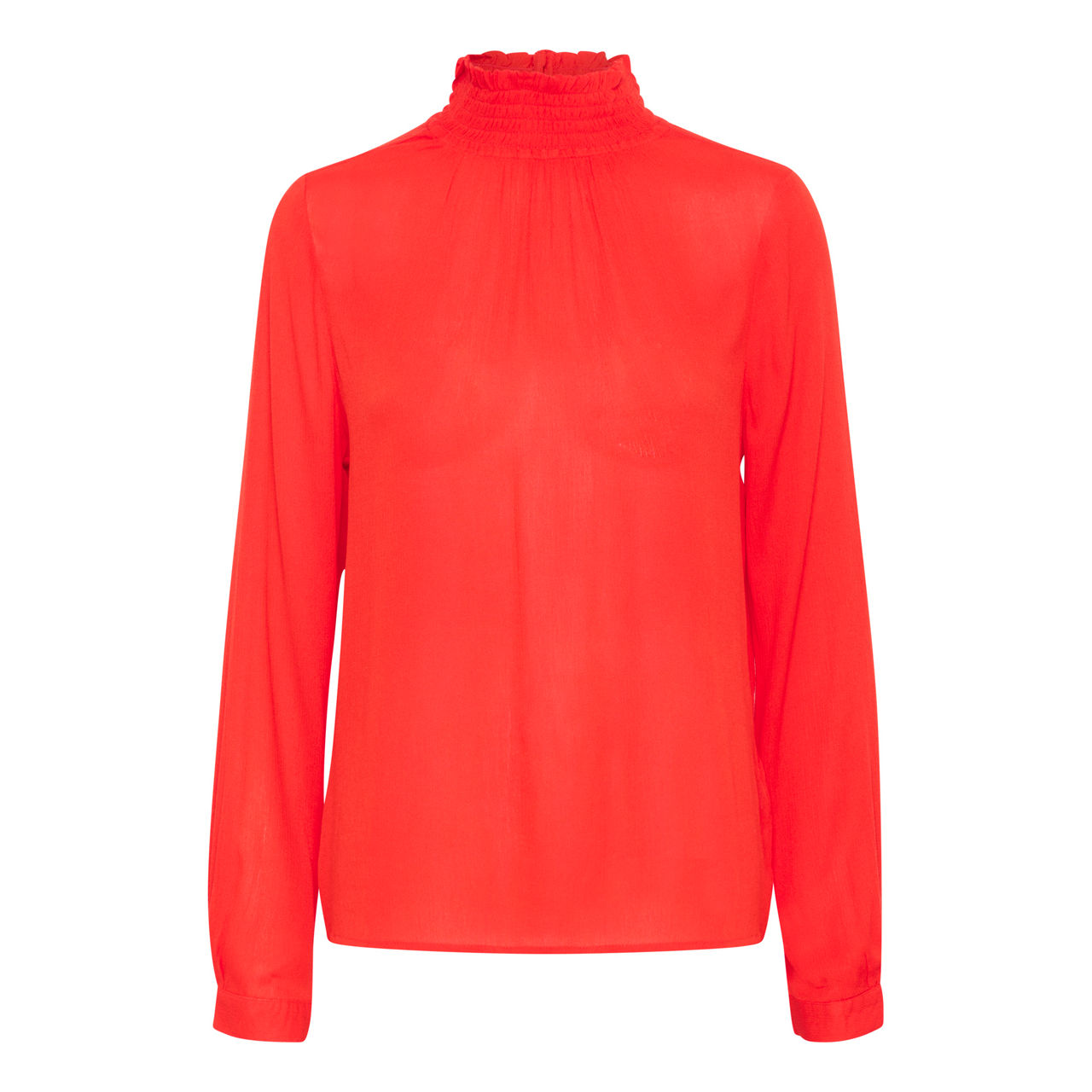Kaffe Trine Rot-Orange Tunika mit gesmokten Rüschen und hohem Kragen – Schlüsselloch-Rücken lange Ärmel Knopfmanschette | Damen