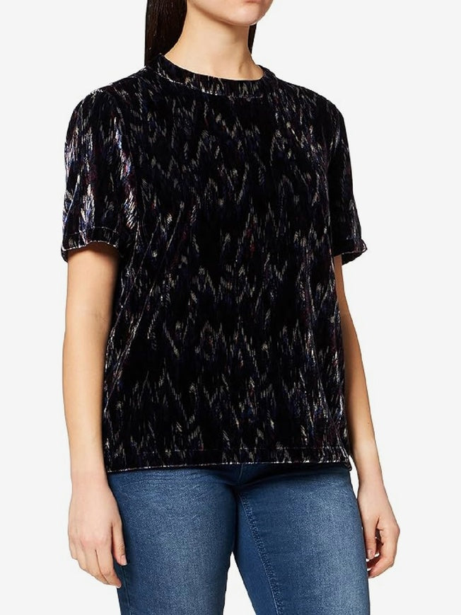 Front view of the s.Oliver black short-sleeve blouse with a multicoloured abstract print and round neckline