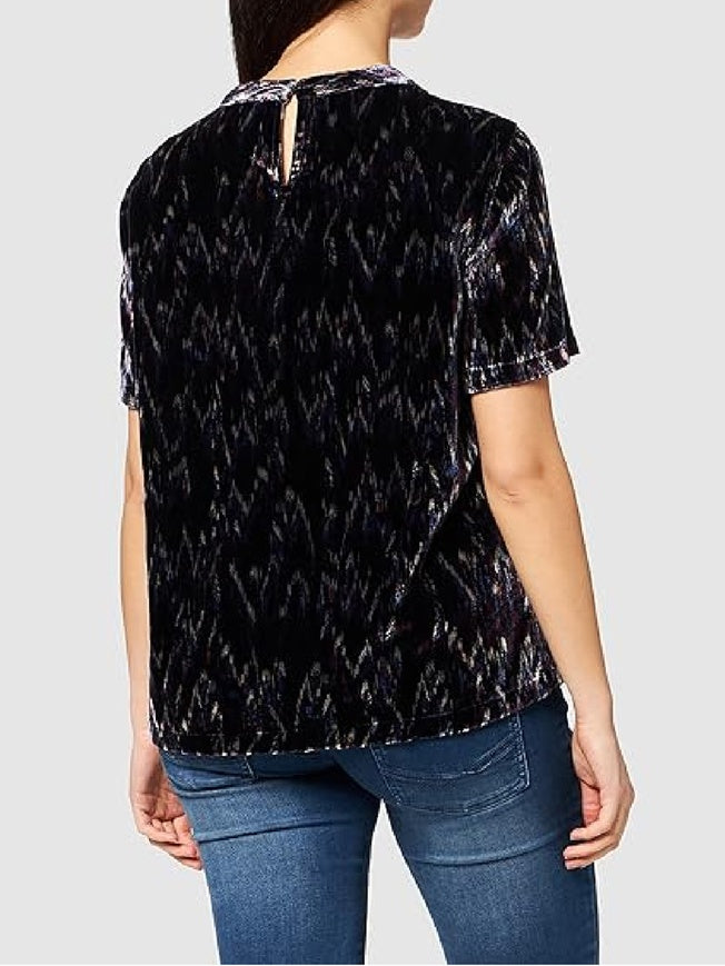 Back view of the s.Oliver black abstract-print short-sleeve blouse, worn with blue jeans