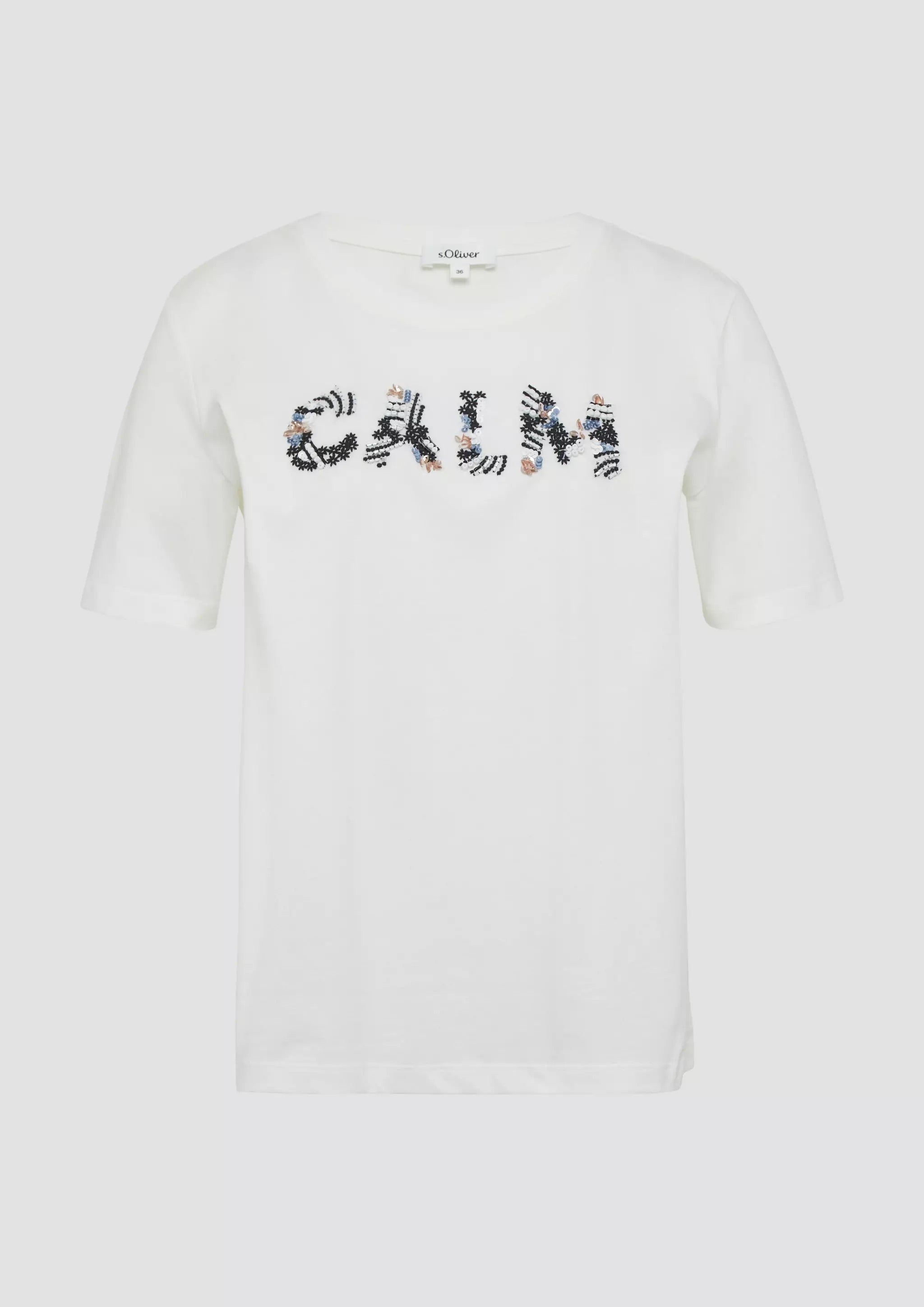 s.Oliver Damen-T-Shirt aus Jersey mit lockerer Passform – Muster: CALM Floral Artwork