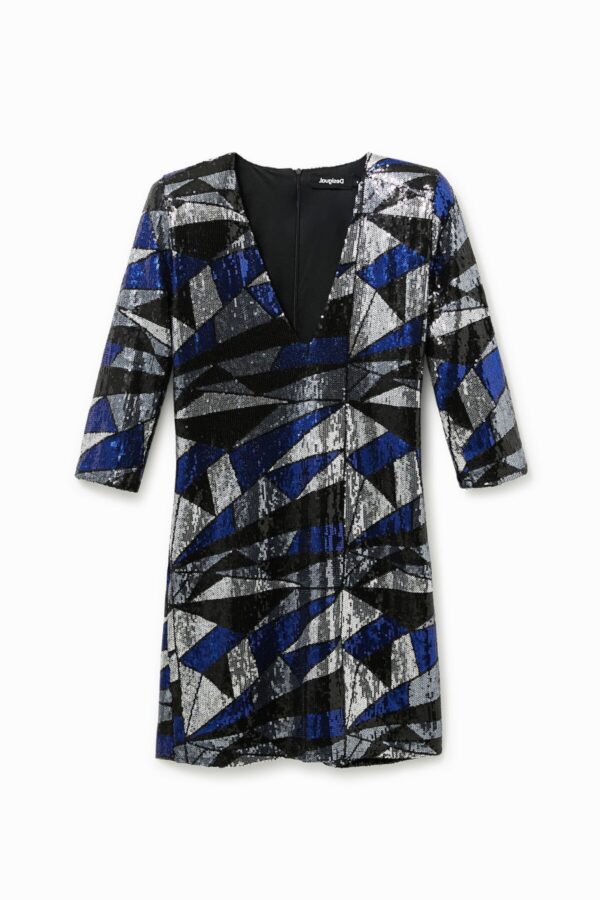 Desigual Mini-Kleid mit geometrischen Pailletten – Blau Silber Schwarz