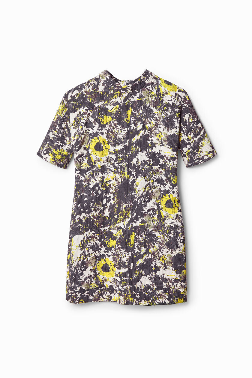 Desigual Geripptes Mock-Neck-Minikleid mit Sonnenblumenmuster – Schwarz Mehrfarbig