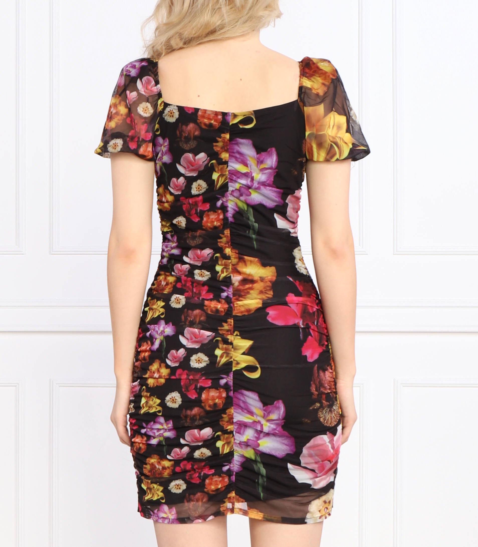 Desigual gerafftes Minikleid aus floralem Mesh – Schwarz Mehrfarbig