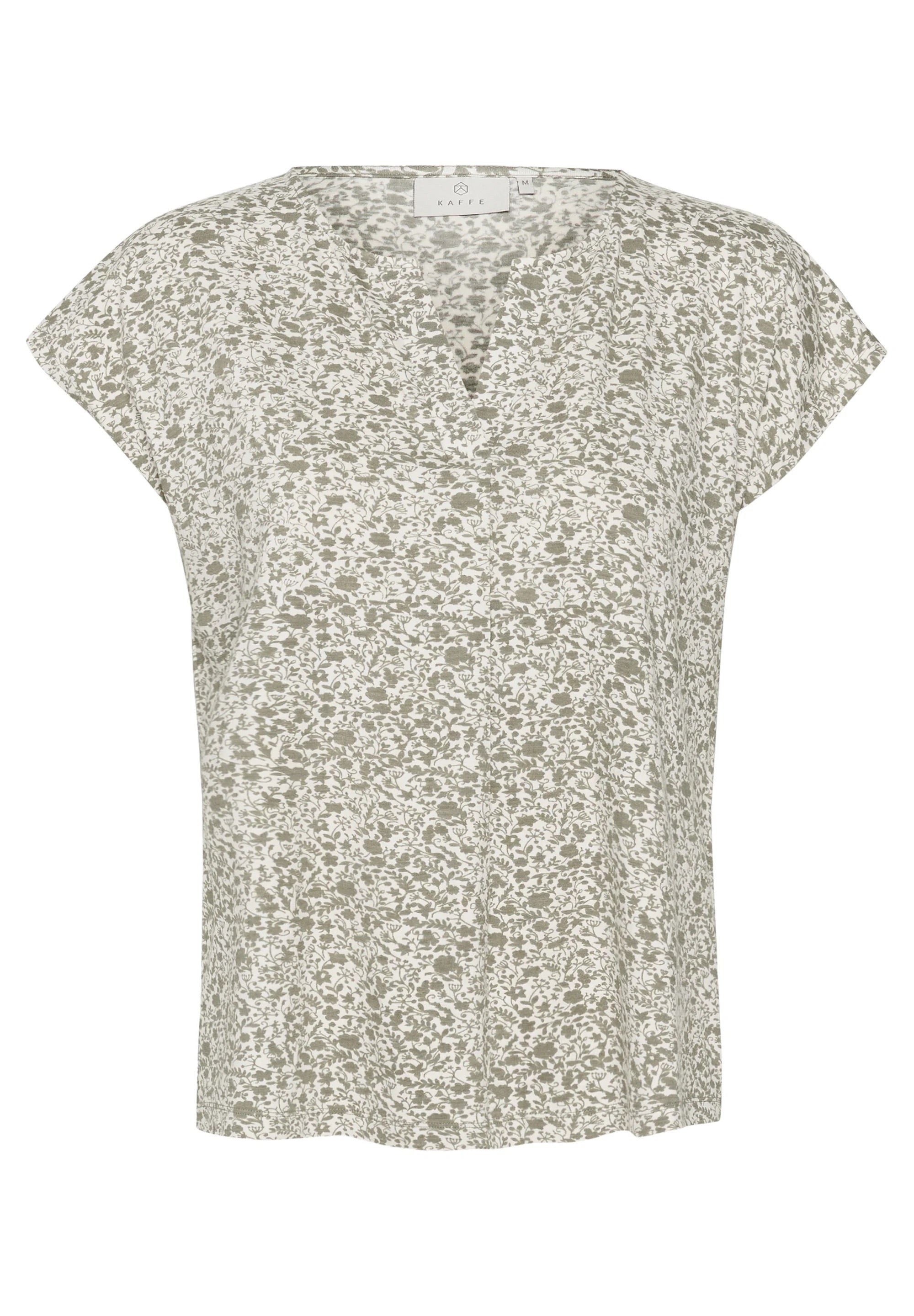 Kaffe Kamille Creme Salbeigrün Blumenmuster V-Ausschnitt T-Shirt – Kappenärmel Legerer Schnitt | Damen