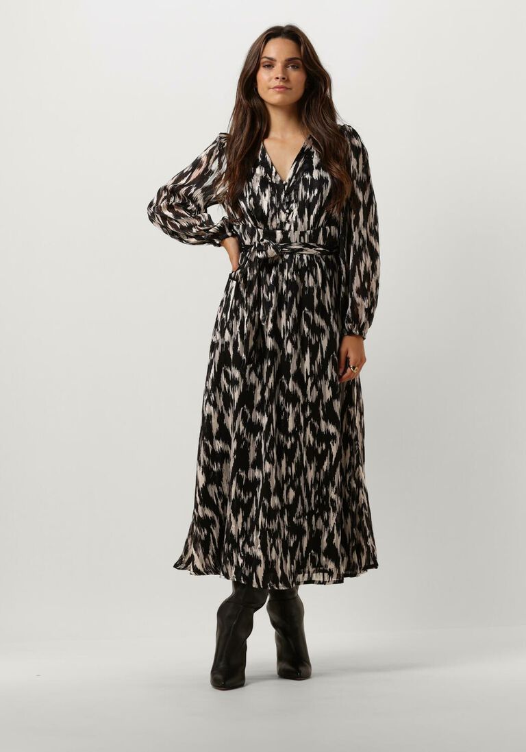 Neo Noir Louise Cheer Vibe Schwarzes Ikat-Muster Midikleid – V-Ausschnitt Ballonärmel Gürtel | Damen