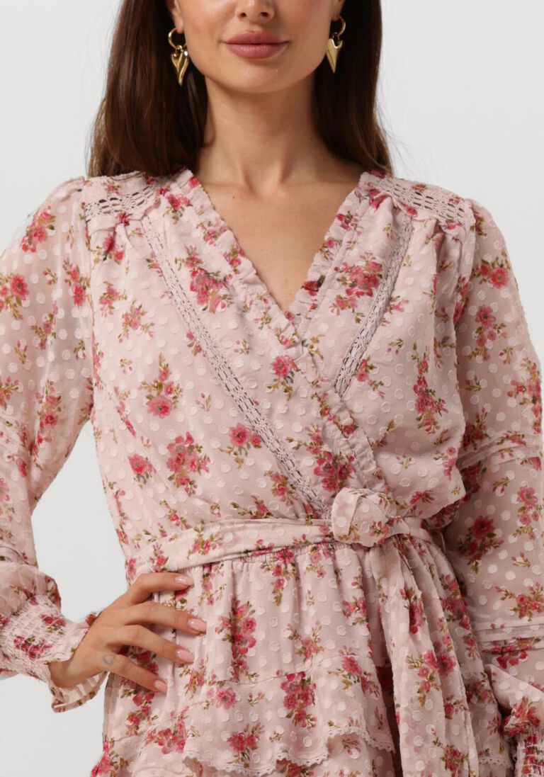 Neo Noir Ada Traumhaftes Rosenpinkes Mini-Chiffonkleid mit Blumenmuster – Gestufter Rock mit Spitzenbesatz | Damen
