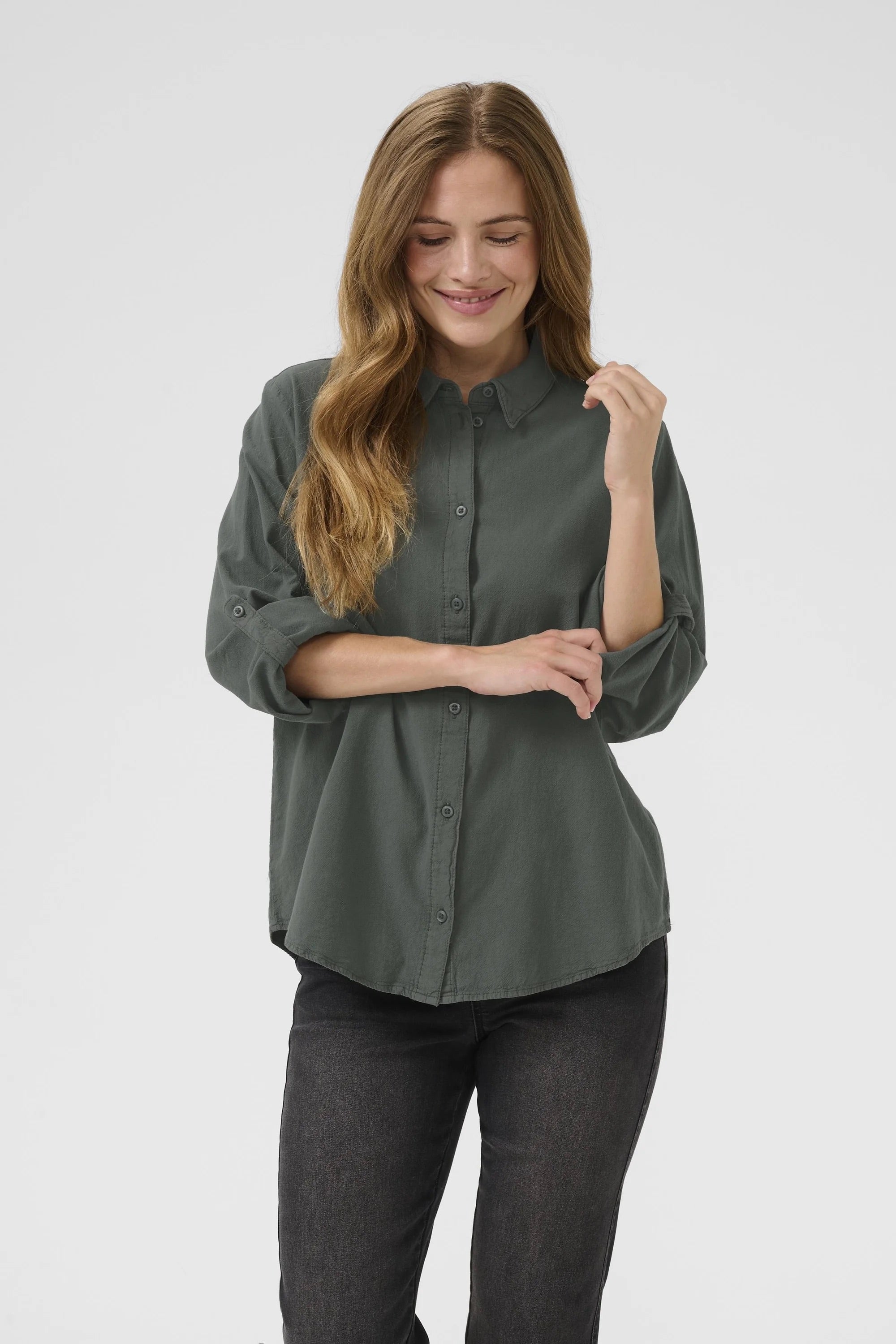 Kaffe KAnaya Kurze Balsam Grüne Hemdbluse mit Knopfleiste – Klassischer Kragen Roll-Up 3/4-Ärmel | Damen