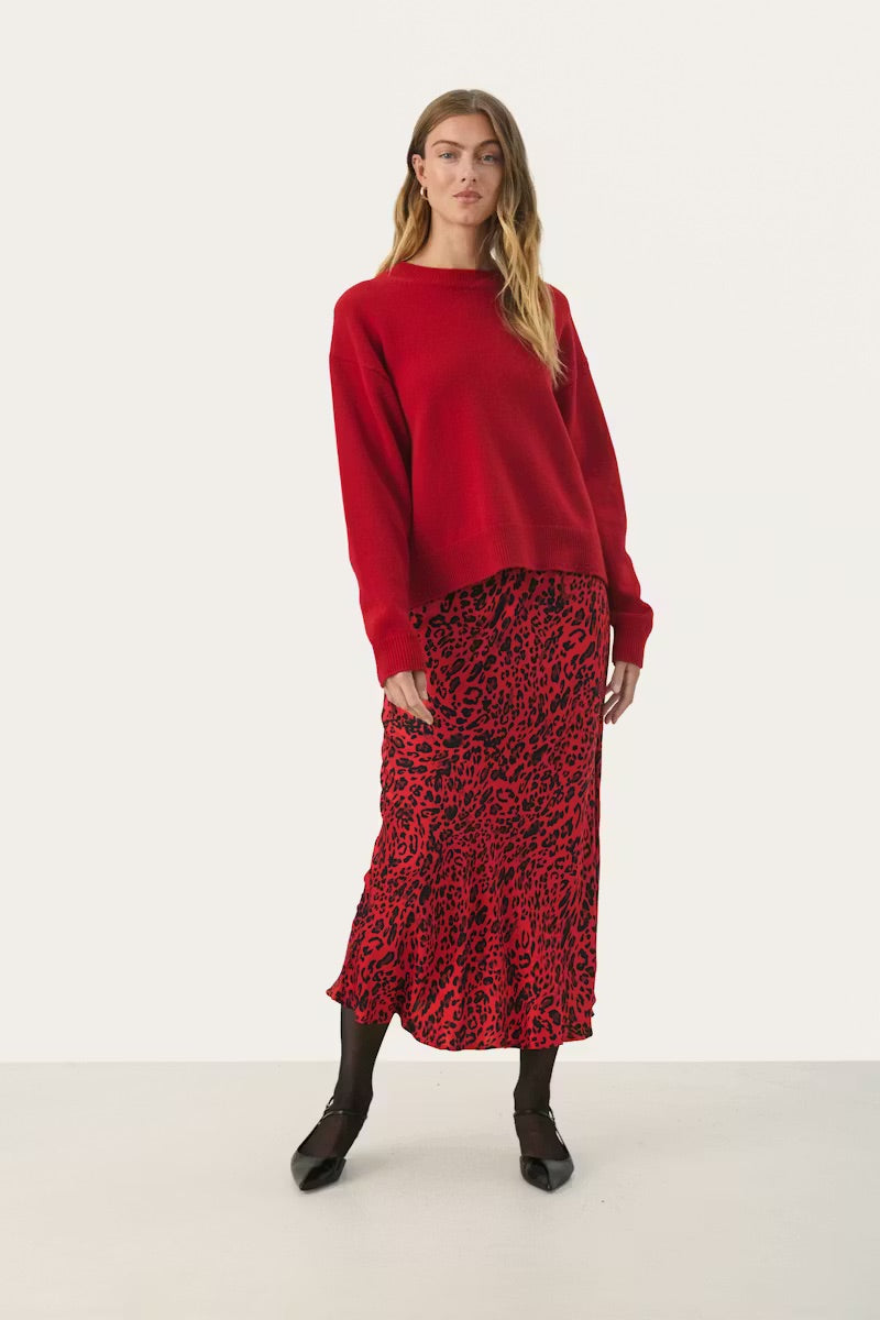 Part Two LaurinaPW Skirt - Red Leopard Print Midi Skirt