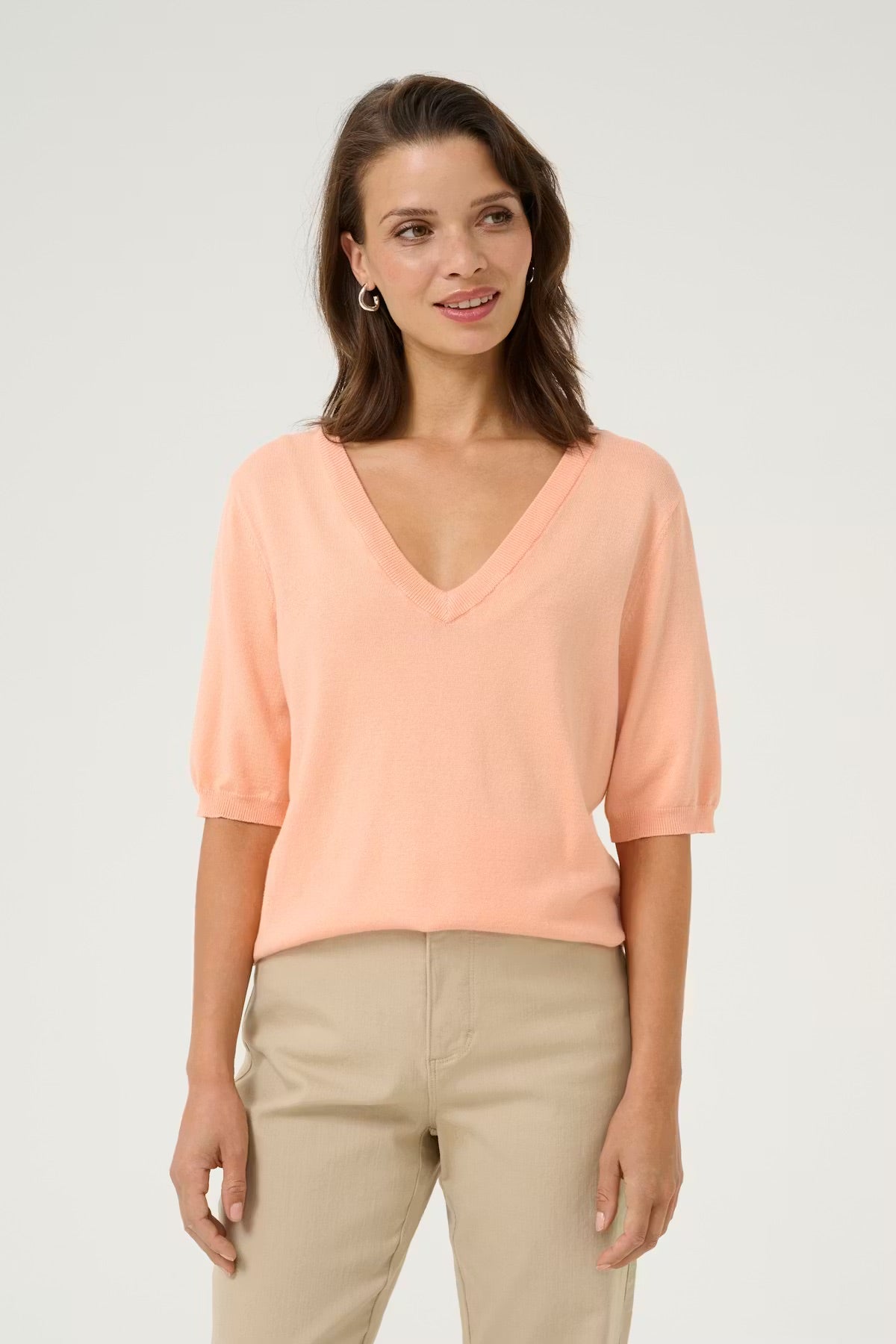 Kaffe KAlizza Peach Strickpullover – V-Ausschnitt Puffärmel Relaxed Fit | Damen