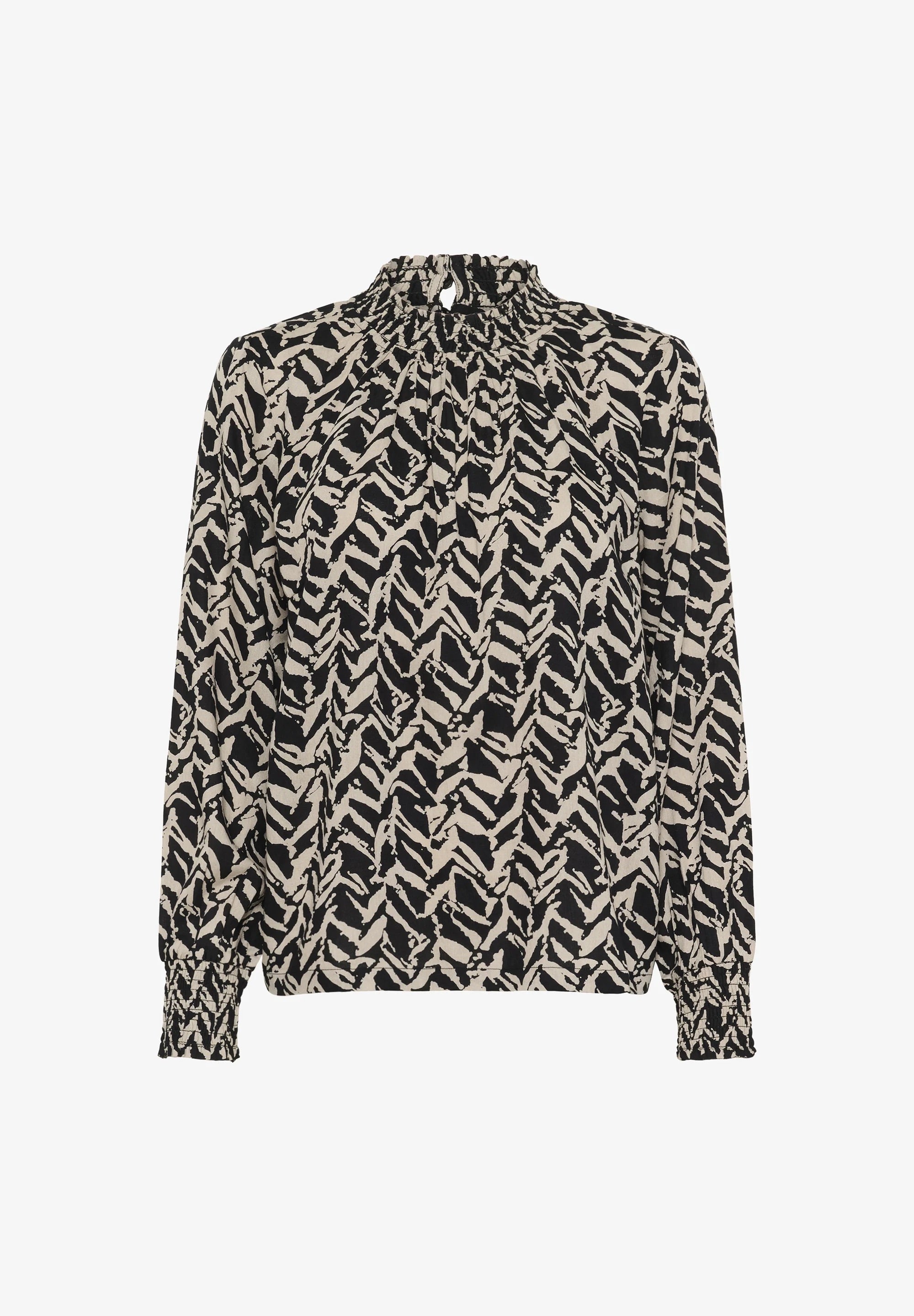 Kaffe KAdina Bluse mit hohem Halsausschnitt, gesmokt, Schwarz-Creme, Zebra-Print, lange Puffärmel, gesmokte Manschetten | Damen