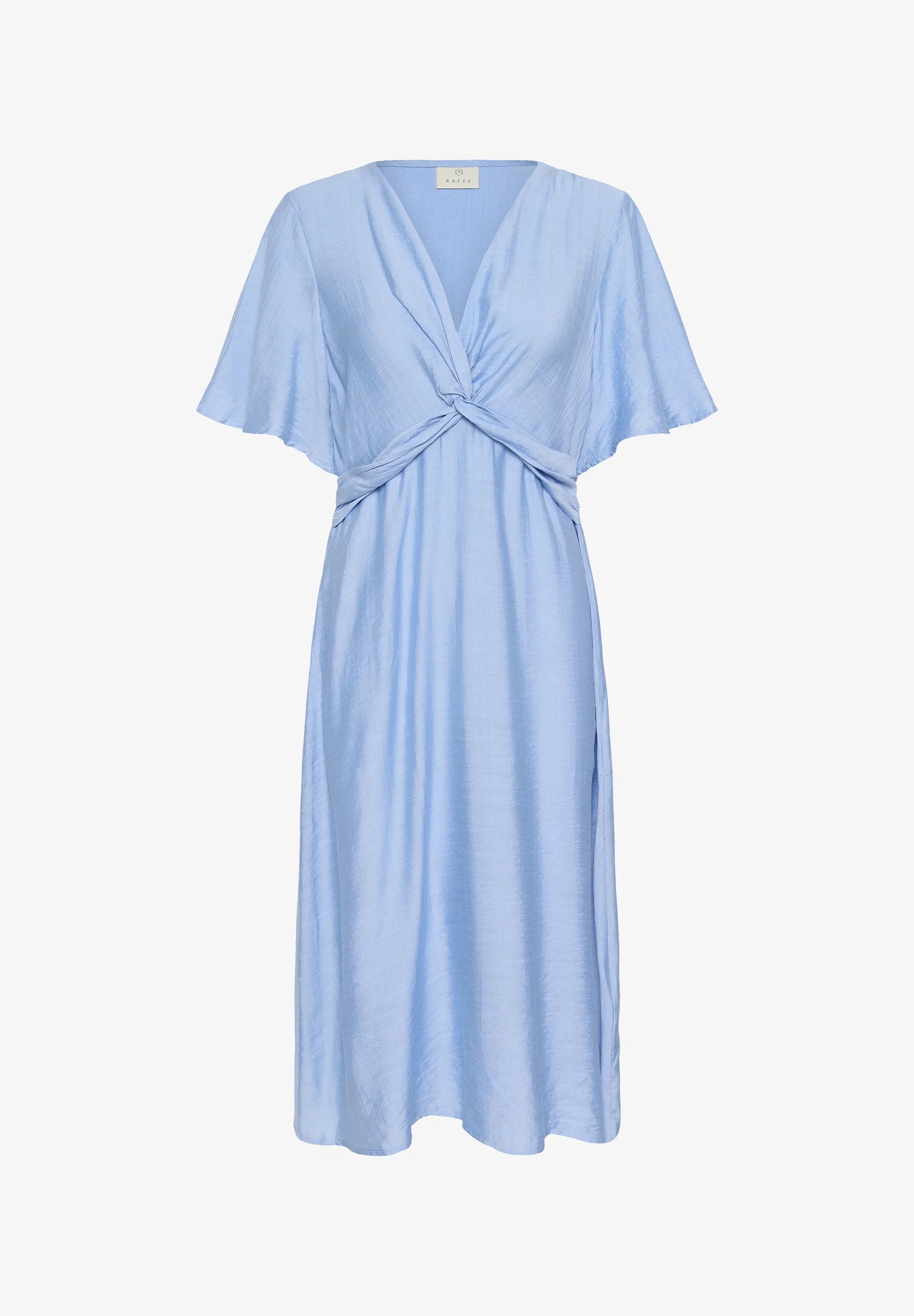 Kaffe KAjasmin Placid Blue Twist Front Midi Dress – V-Ausschnitt, flatternde Ärmel, elastischer Rücken | Damen