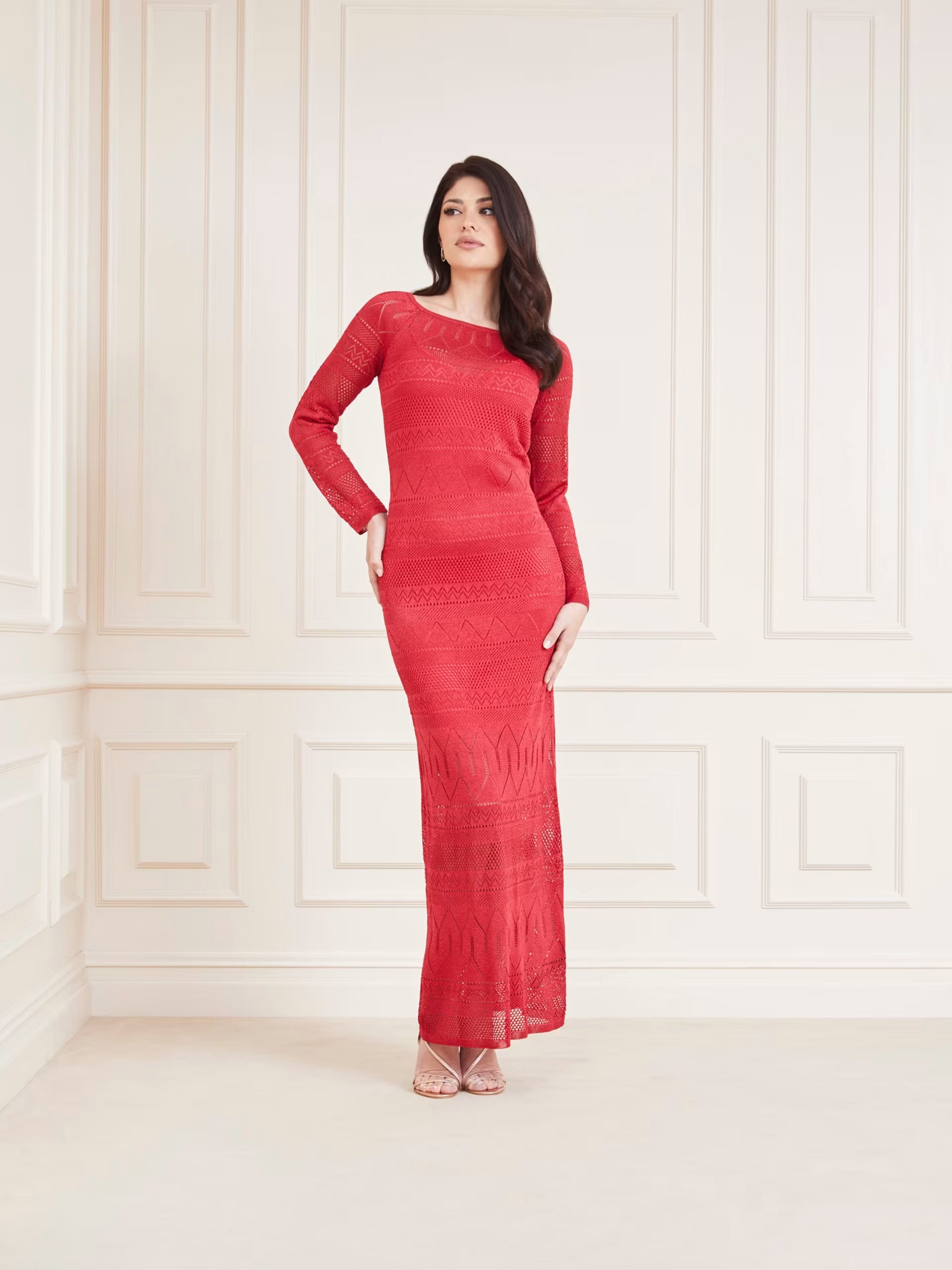 GUESS by Marciano rotes Hydra Maxi-Strickkleid mit langen Ärmeln