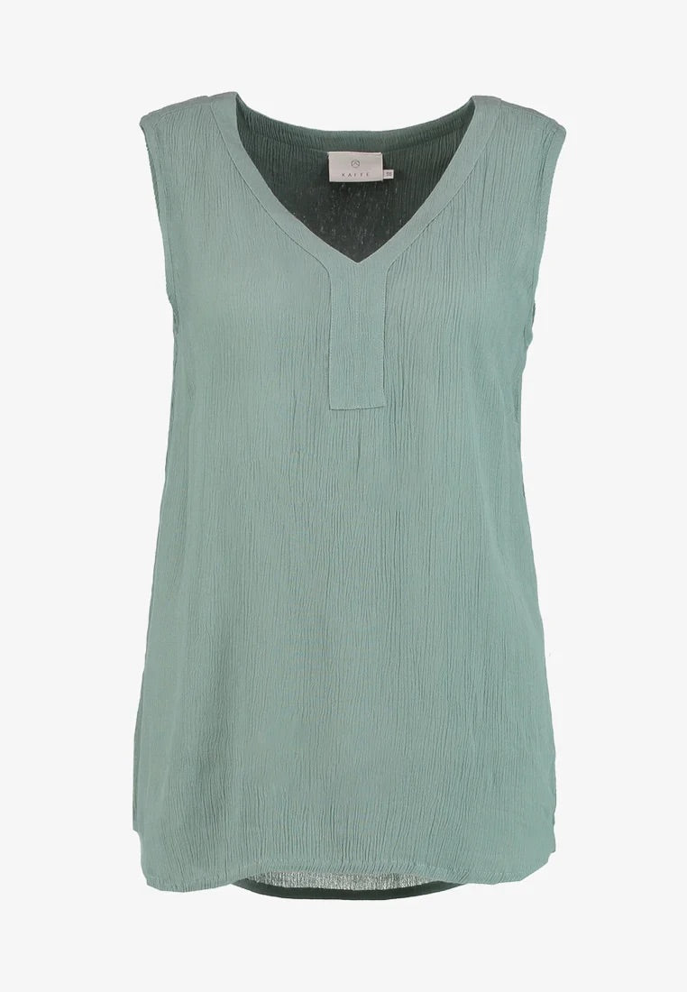 Kaffe Amber Top Dusty Jade Crinkle V-Neck Ärmellose Bluse – Pintuck Rücken Relaxed Fit | Damen