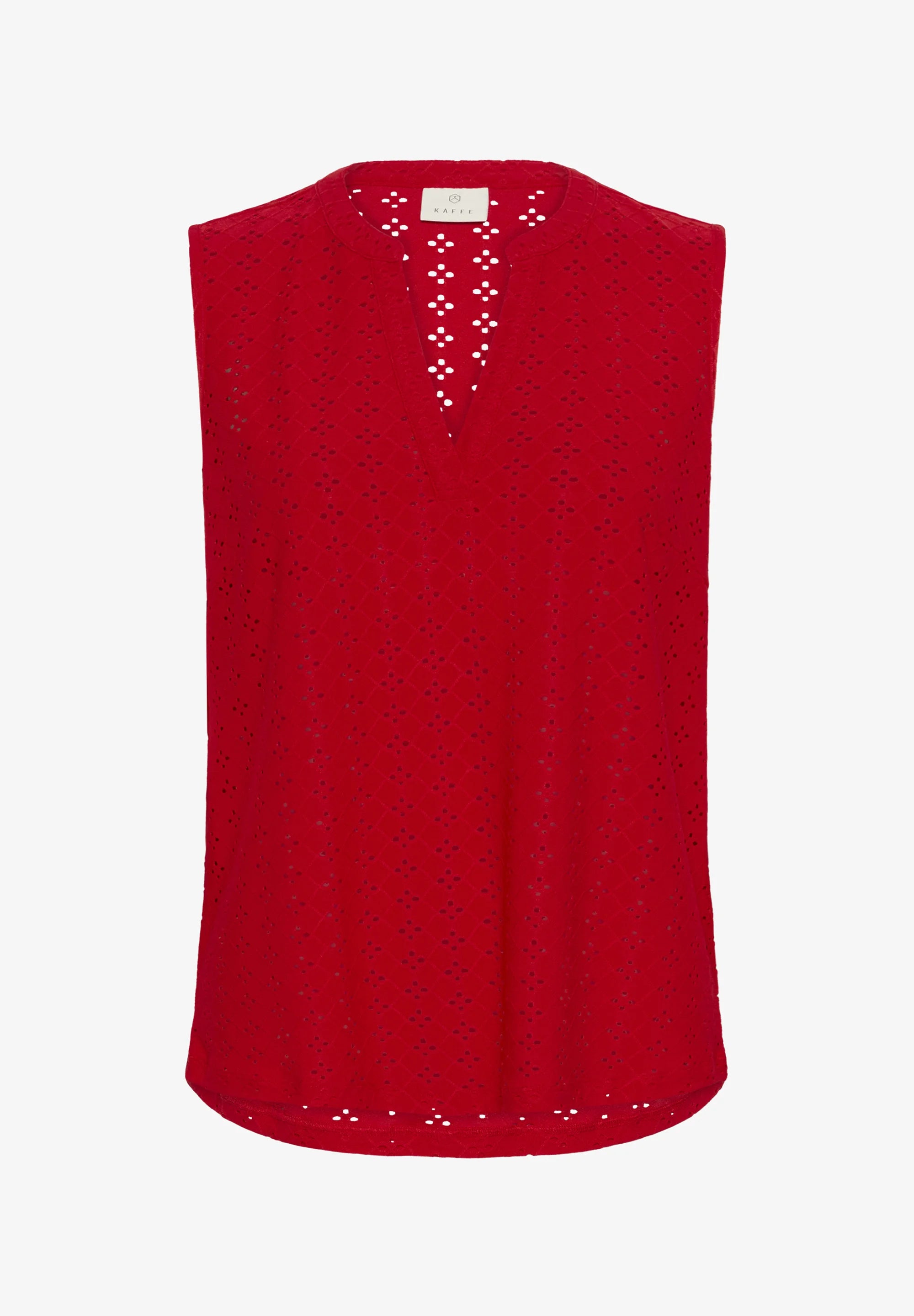 Kaffe KACARRIE Ärmelloses Oberteil aus roter Broderie Anglaise – Split-V-Ausschnitt, lässige Passform | Damen