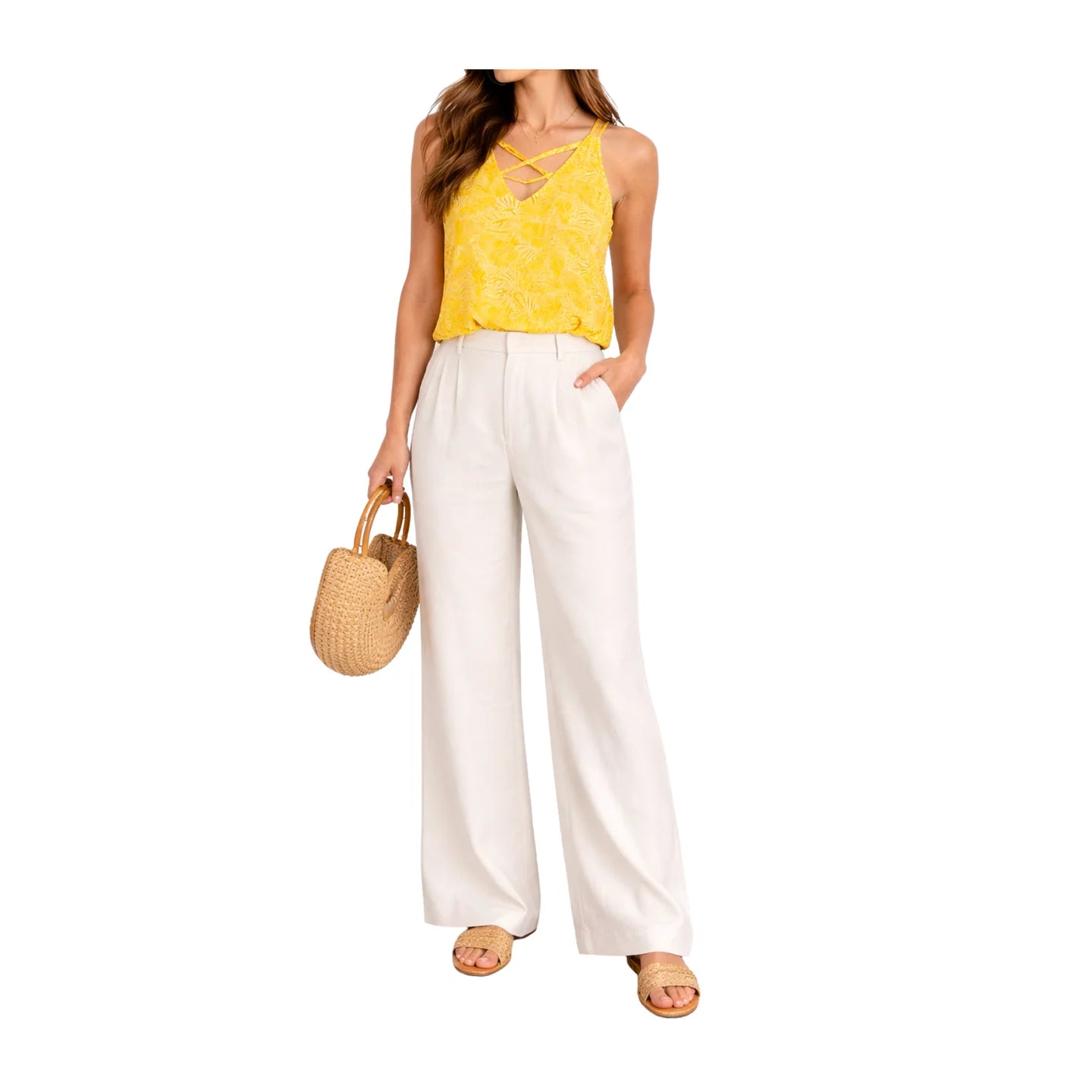 Bauchfreies Camisole-Top mit Kreuzträgern "Zero Palm Leaf" – Gelb