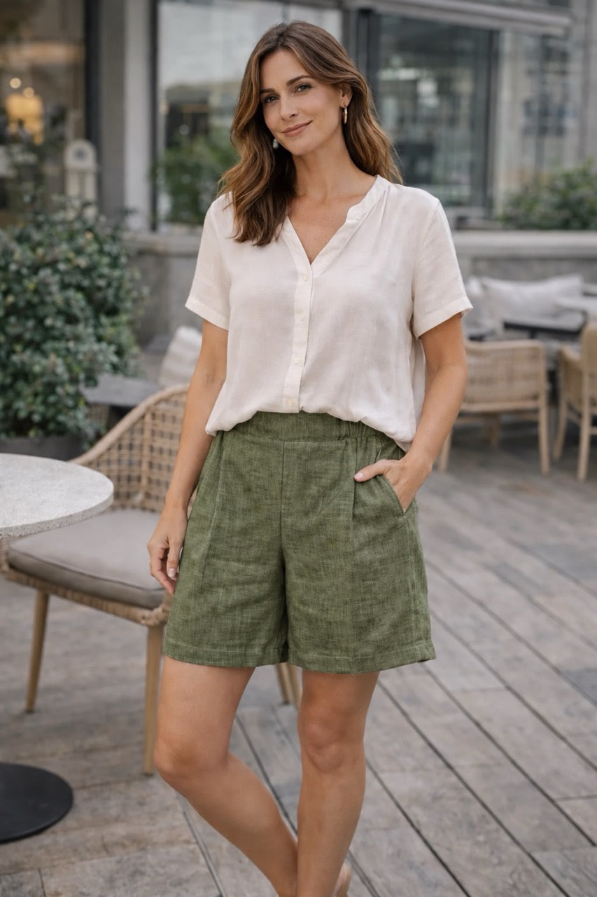 Sorbet SBLIAMO Leinen-Bermudashorts – Oliv
