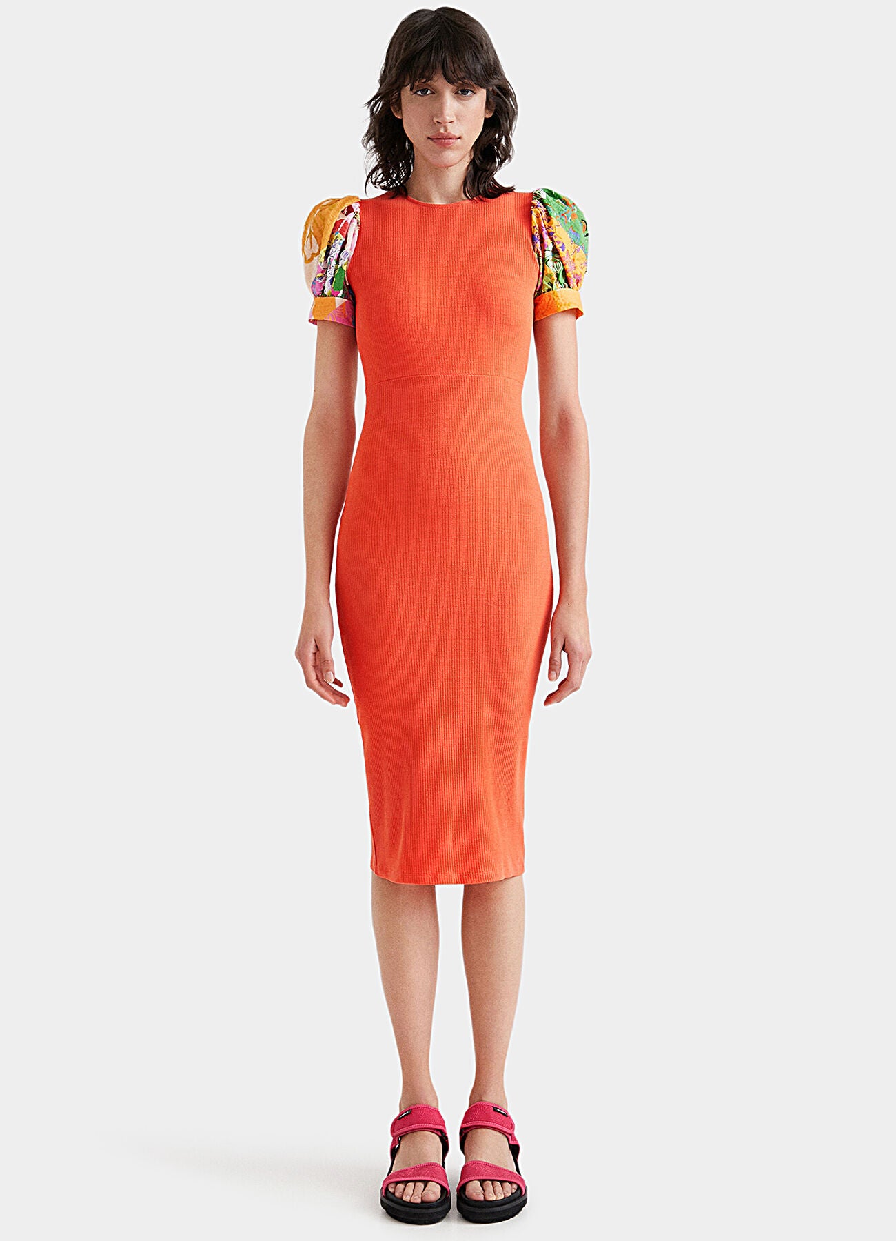 Desigual Geripptes Midi-Kleid mit offener Rückenpartie und floralen Puffärmeln – Orange