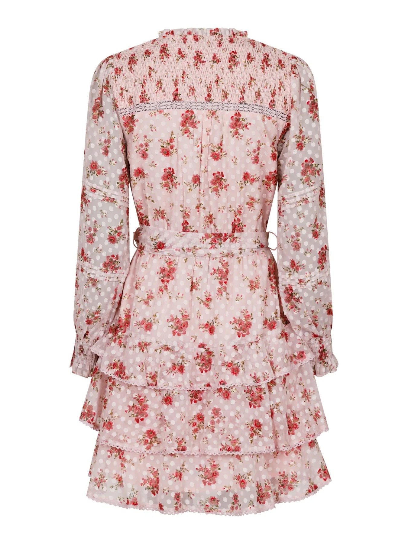Neo Noir Ada Traumhaftes Rosenpinkes Mini-Chiffonkleid mit Blumenmuster – Gestufter Rock mit Spitzenbesatz | Damen