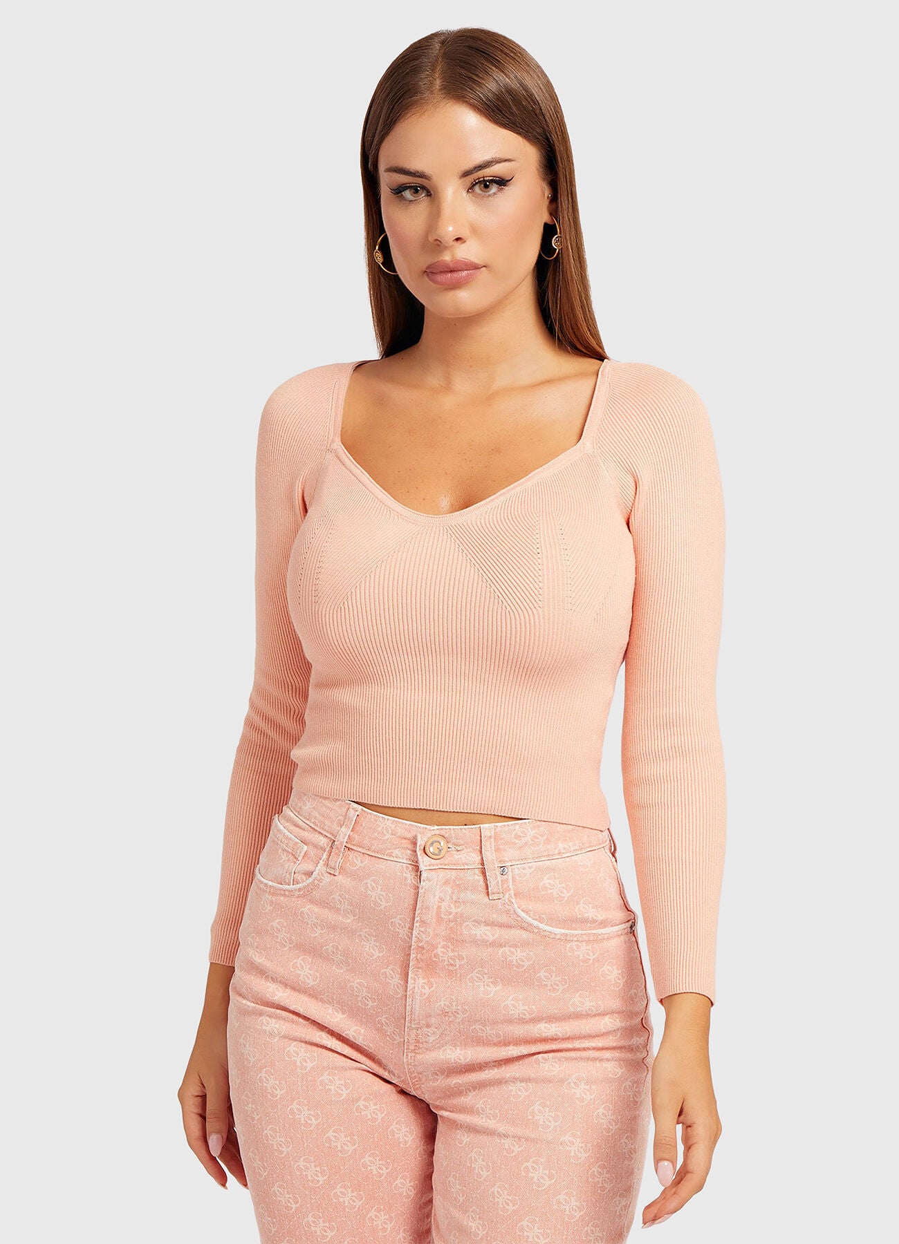 Guess Sweetheart Sonnet pinkfarbener gerippter bauchfreier Pullover – Langarm | Größe L