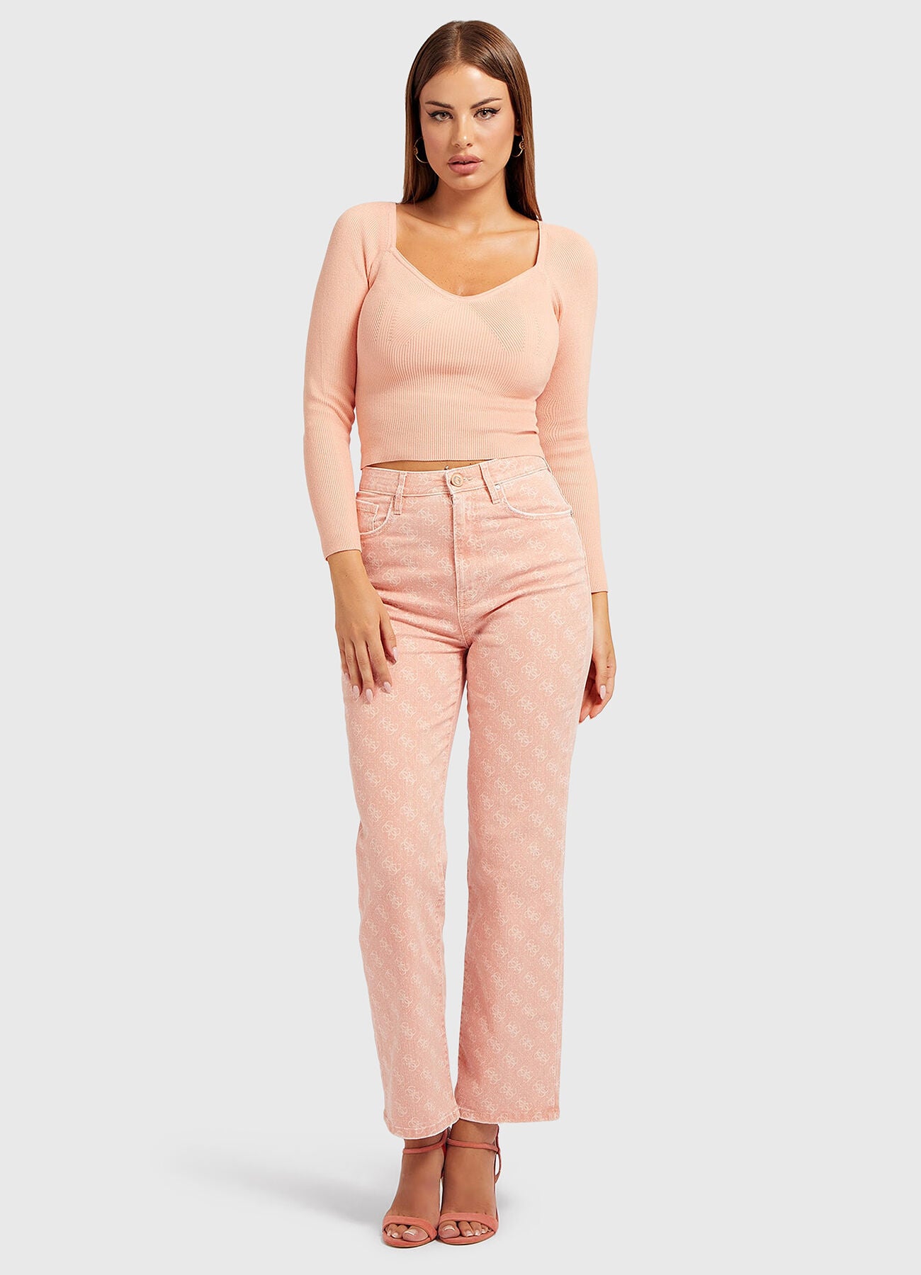 Guess Sweetheart Sonnet pinkfarbener gerippter bauchfreier Pullover – Langarm | Größe L