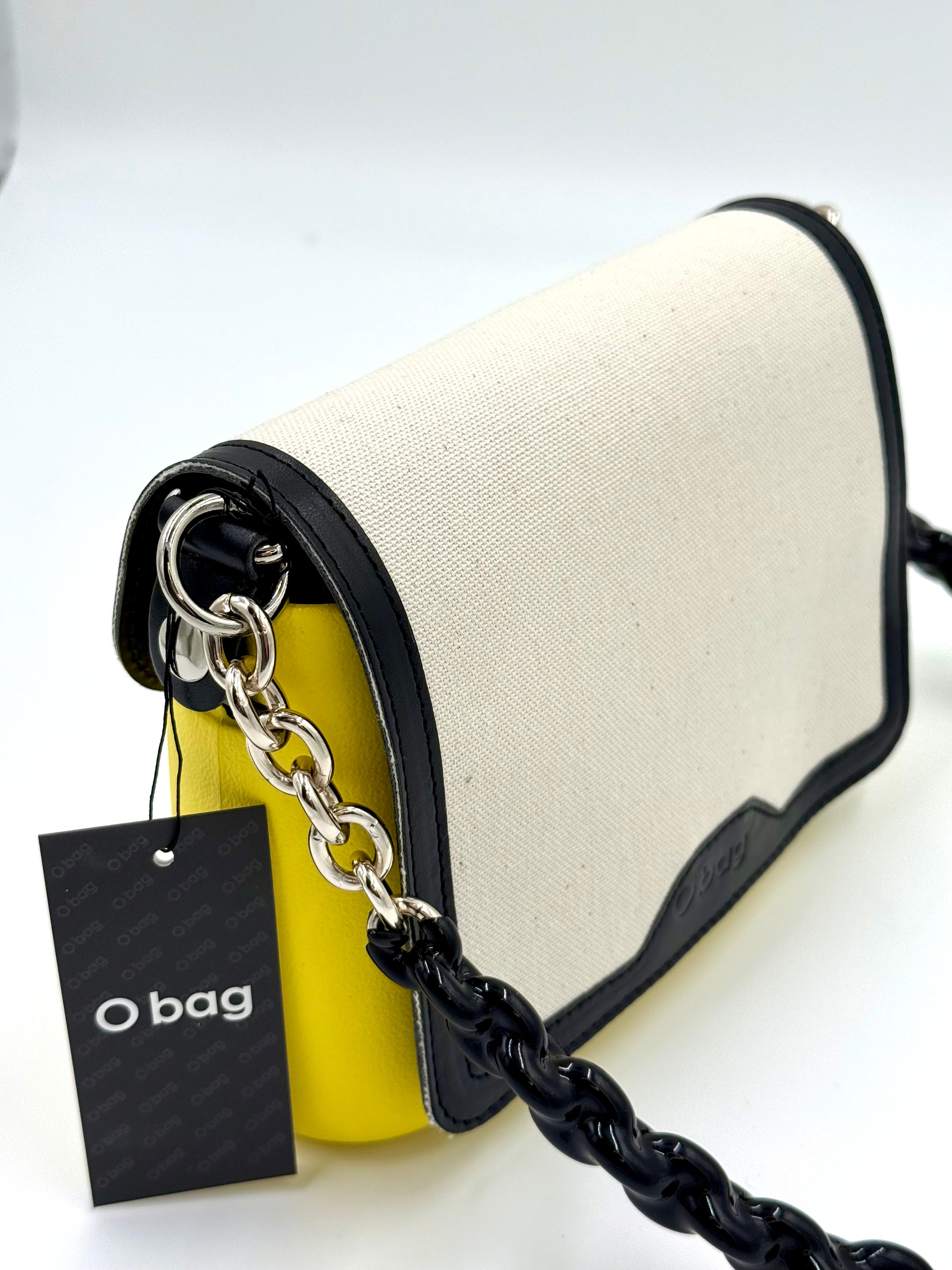 O bag Pocket Mini-Tasche – zitronengelber Taschenkörper, weiße Klappe, schwarzer Kettenriemen