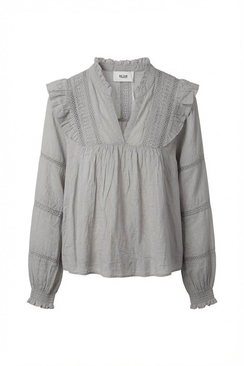 Mood Boho-Bluse in Grau mit Spitzenbesatz und Rüschen
