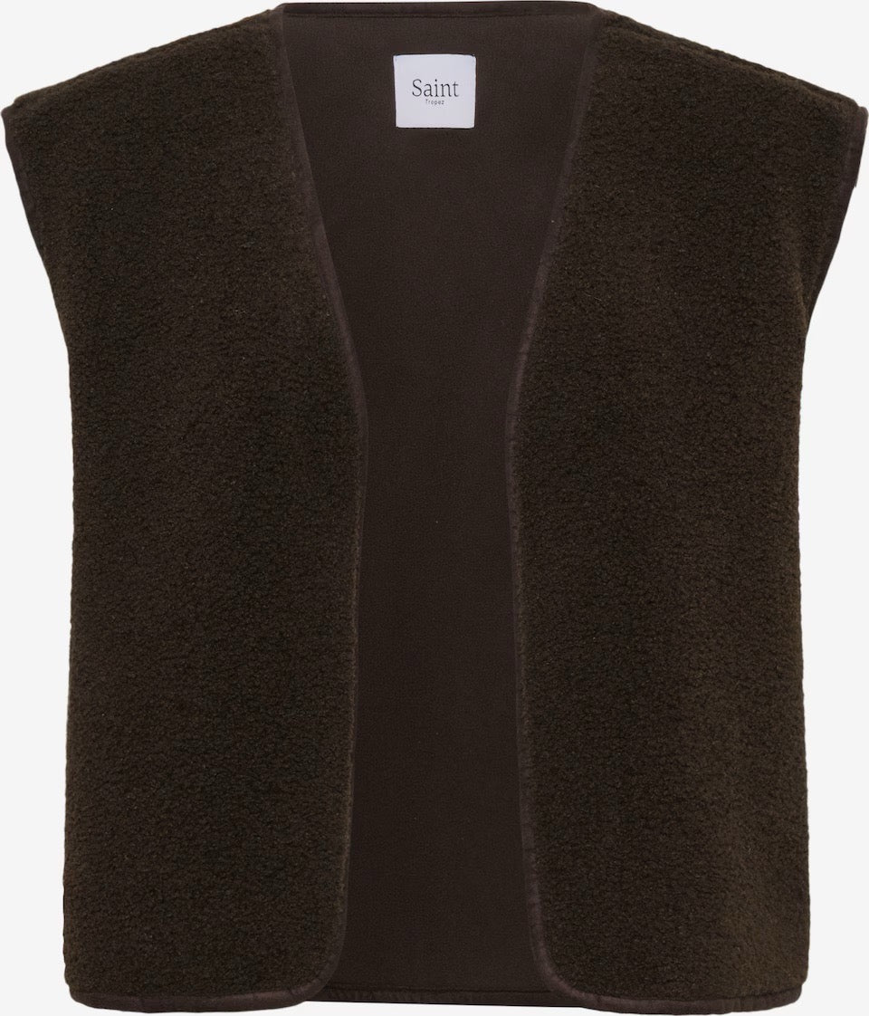 Saint Tropez IcariaSZ mocha fleece vest, front view showing the open front and sleeveless design