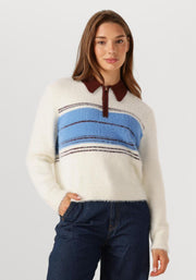 Co'couture Tory Streifen-Strickpullover mit Reißverschluss – Ecru