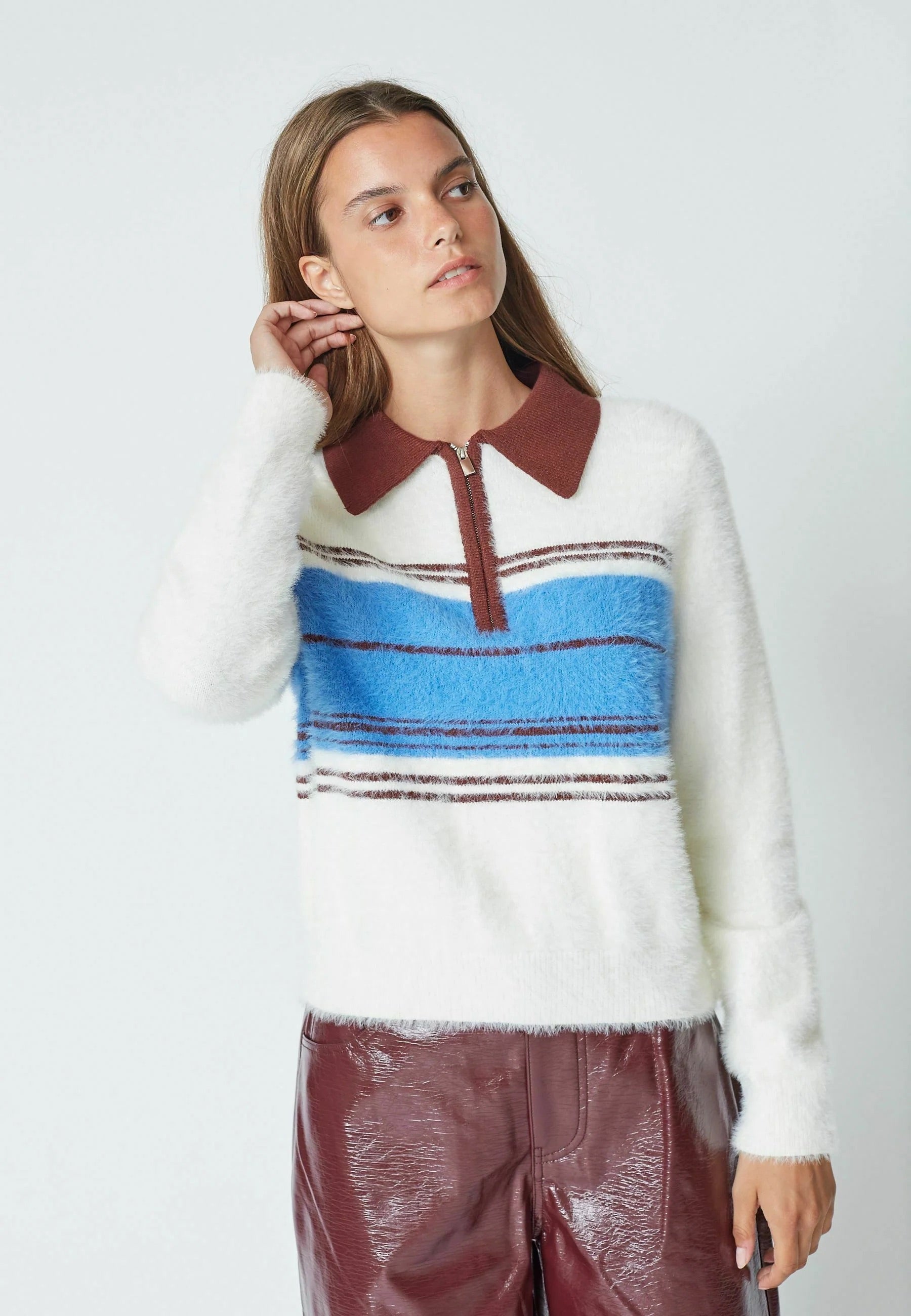Co'couture Tory Streifen-Strickpullover mit Reißverschluss – Ecru