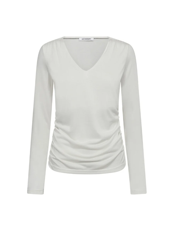 Co'couture Camilla CC Langarmbluse mit V-Ausschnitt – Off-White