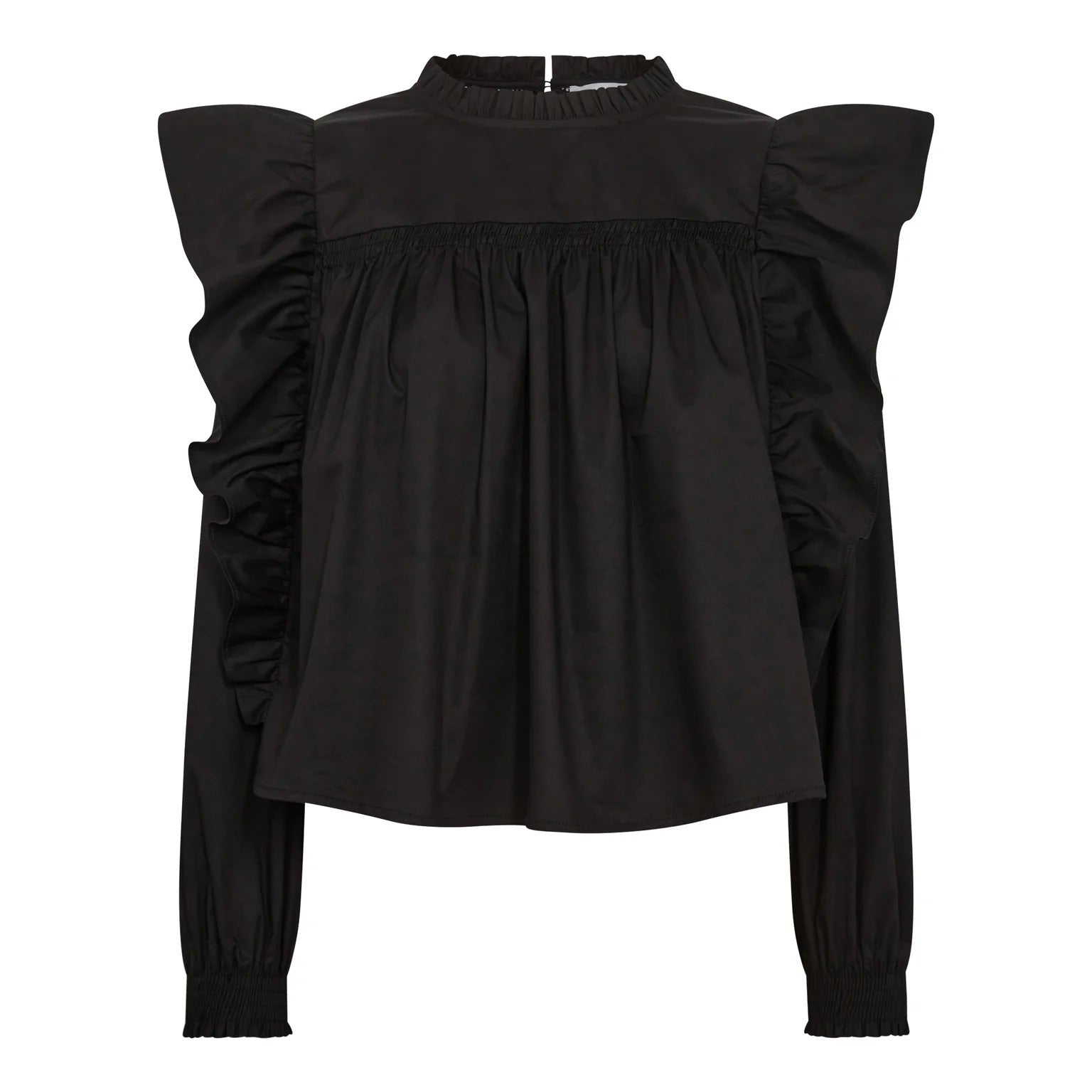 Co'couture Rüschenbluse aus fester Baumwolle – Schwarz
