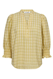 Co'couture Mango CC karierte Kurzarmbluse – Pastellgelb