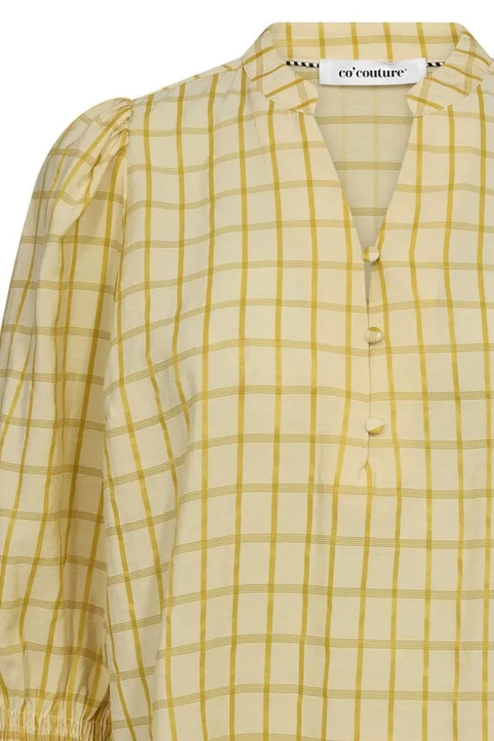 Co'couture Mango CC karierte Kurzarmbluse – Pastellgelb