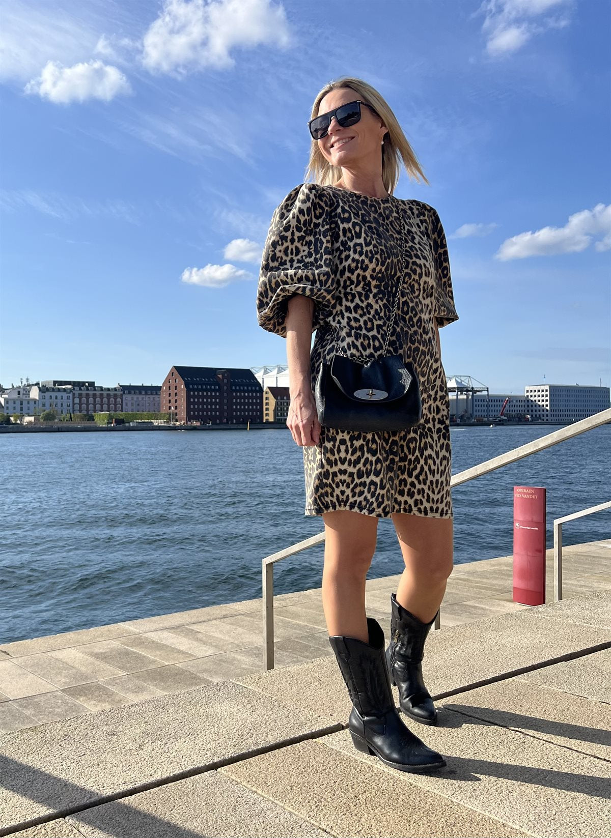 Co'couture Leo CC Minikleid mit Puffärmeln – graues Leopardenmuster