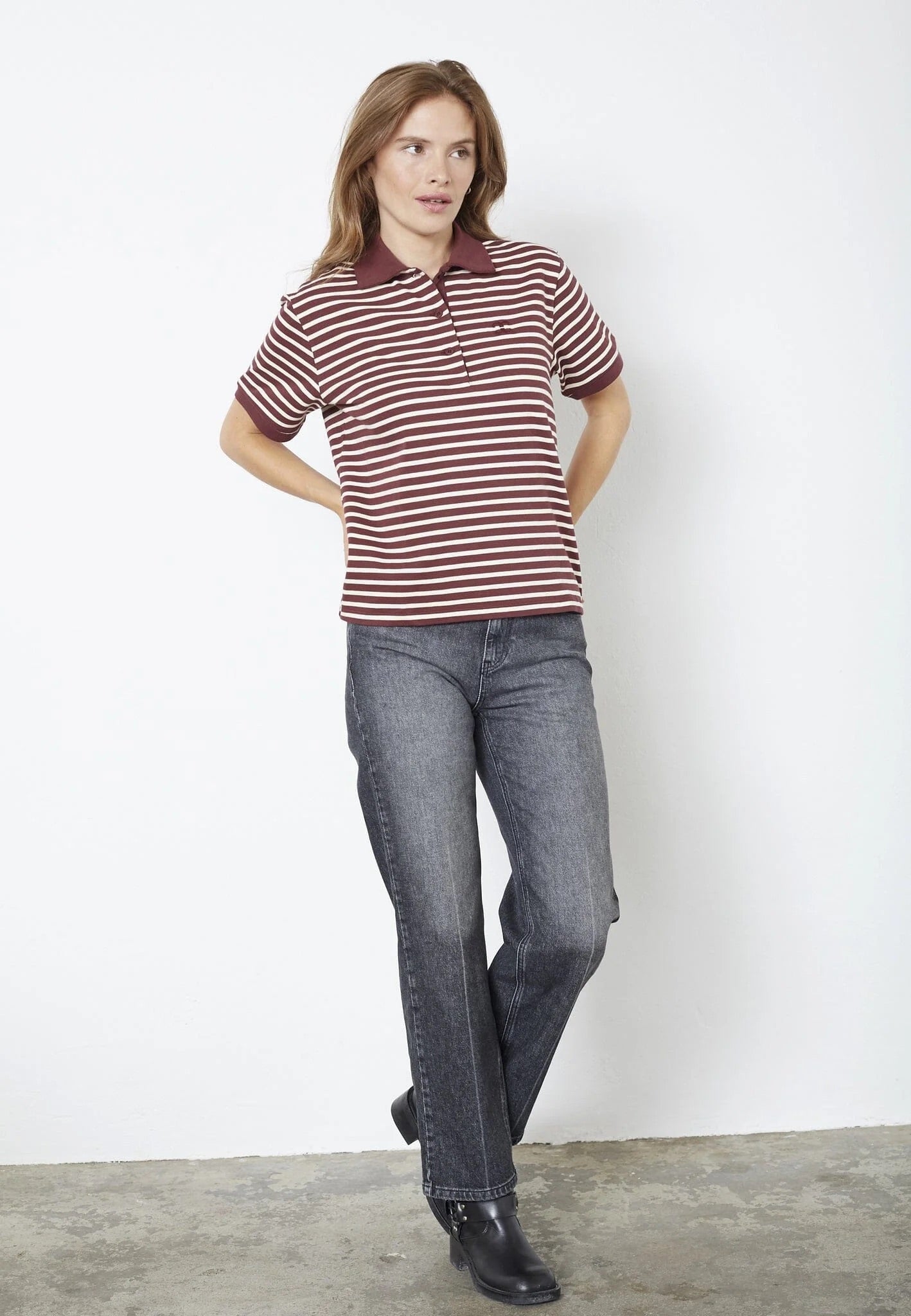 Co'couture Hayes CC Kurzarm-Poloshirt – weinrot gestreift