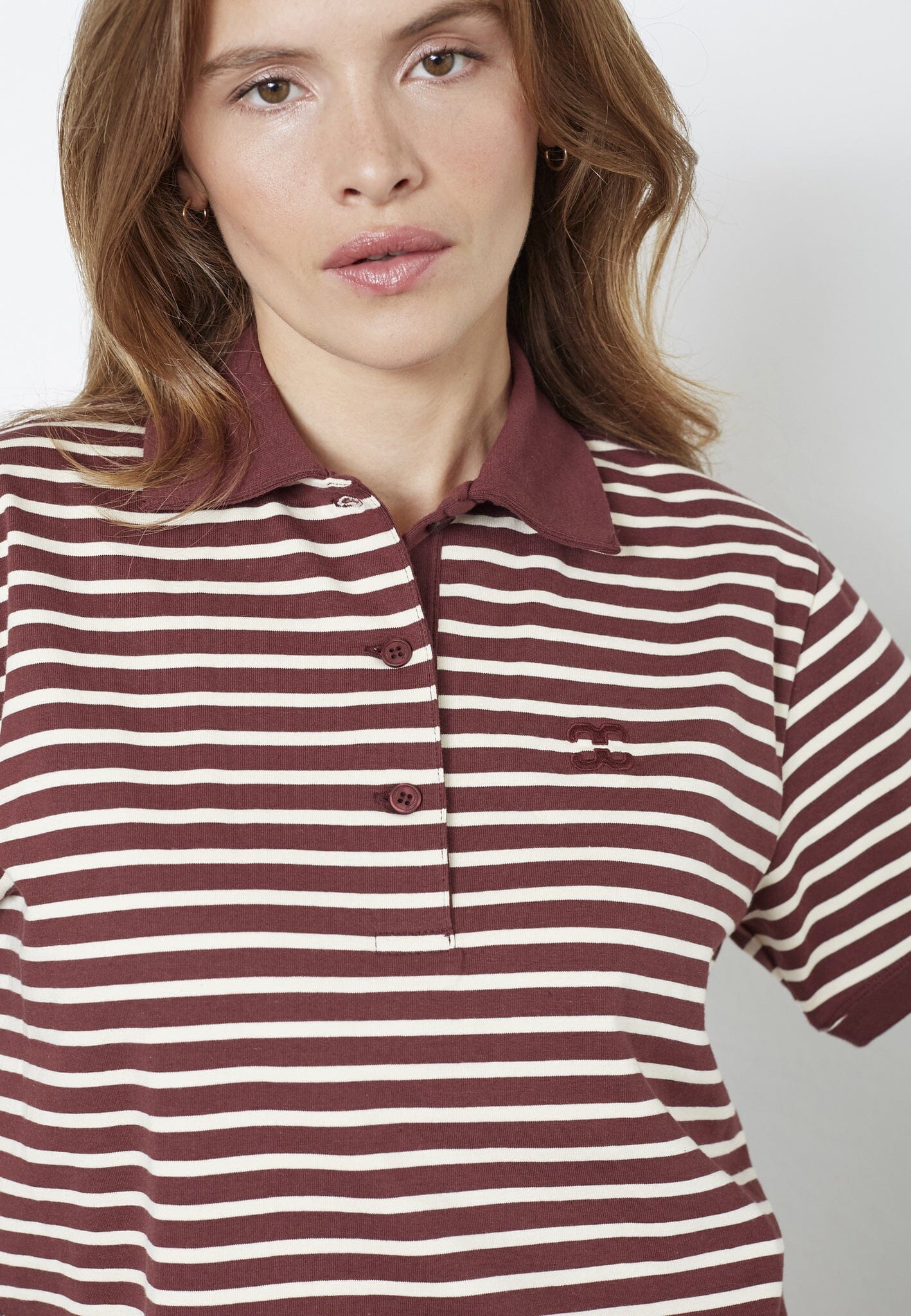 Co'couture Hayes CC Kurzarm-Poloshirt – weinrot gestreift