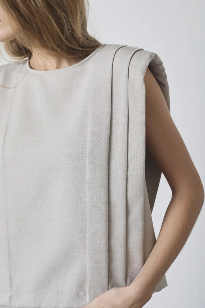 Co'couture Mava CC Padded Pleat Kurzarmtop – Cremeweiß