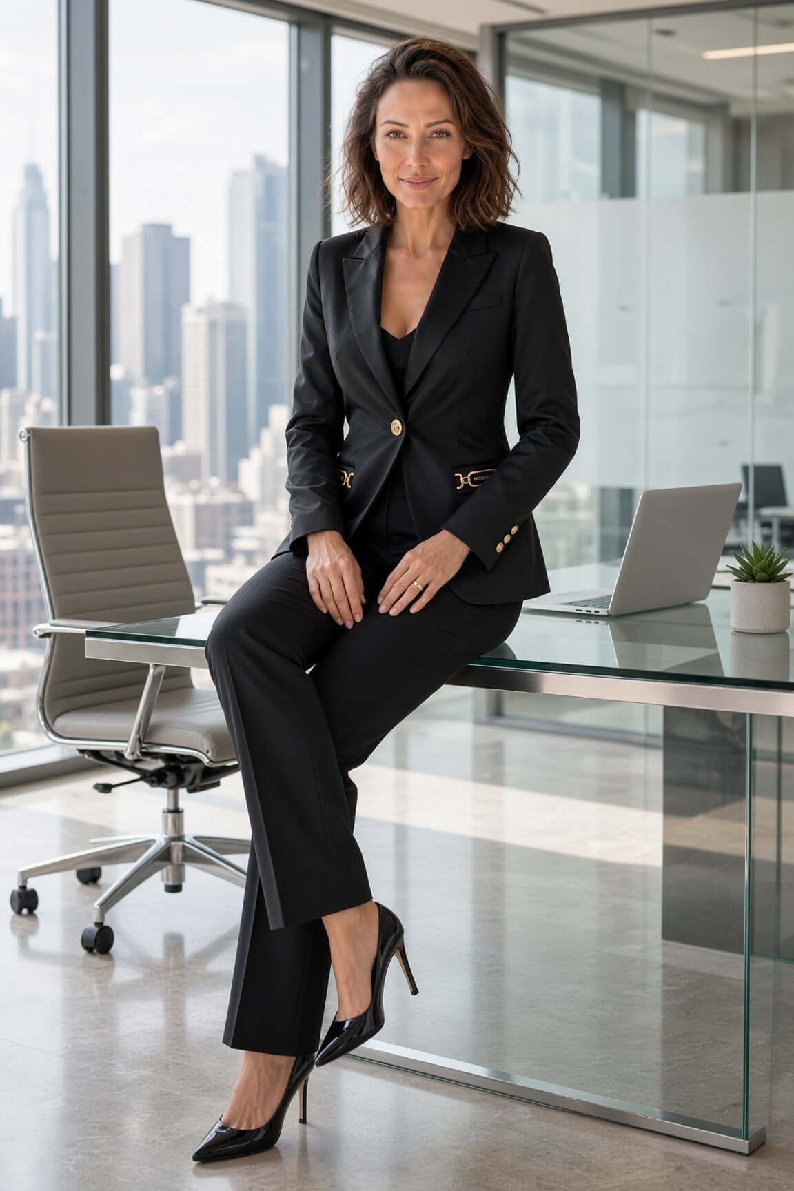 Marciano by Guess Satin Finish Blazer – Black worn in a modern office setting, showcasing elegant women's fashion from premium brands.