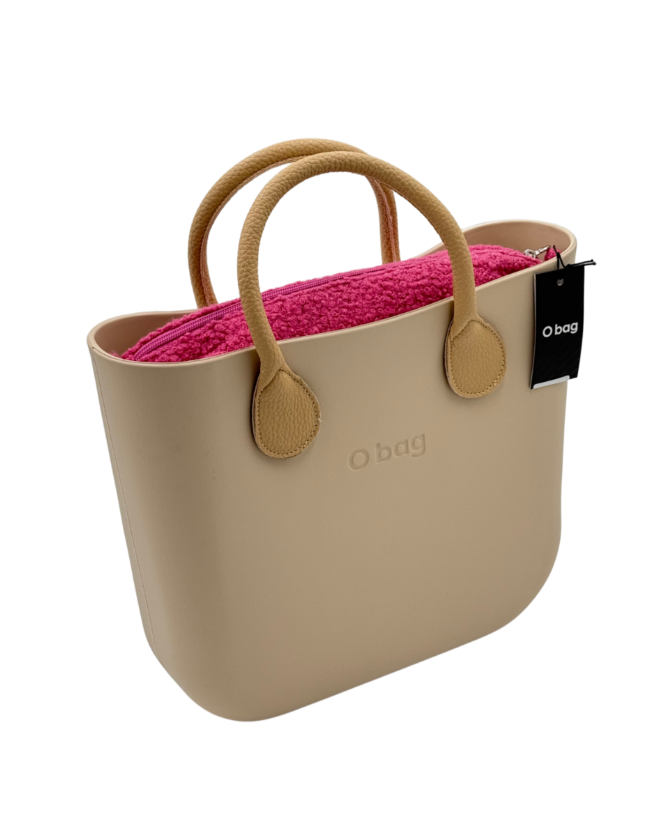 O bag Mini – Cream Tote-Tasche mit Kamel-Henkeln & pinkfarbenem Innenraum